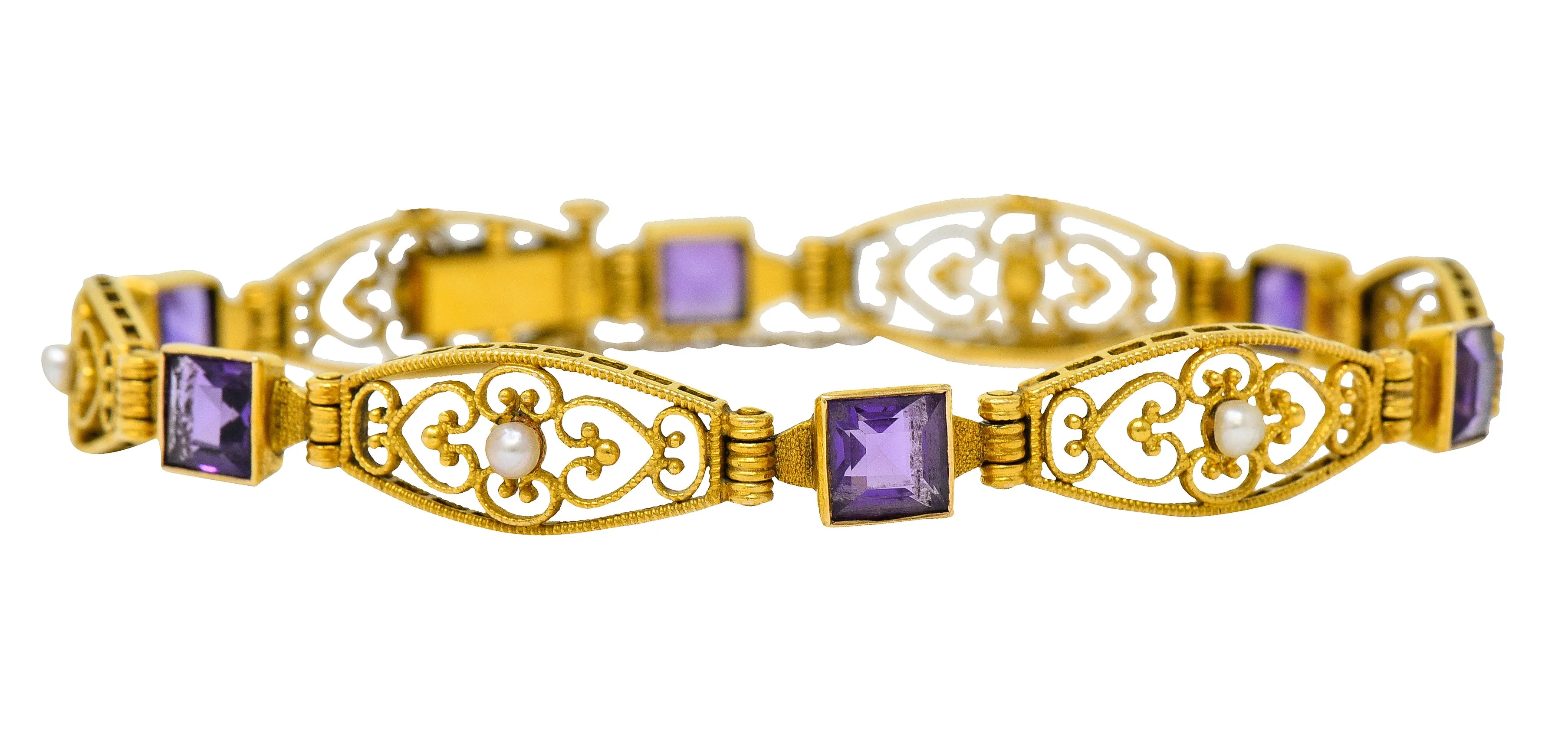 1905 Art Nouveau Amethyst Pearl 14 Karat Gold Link Bracelet