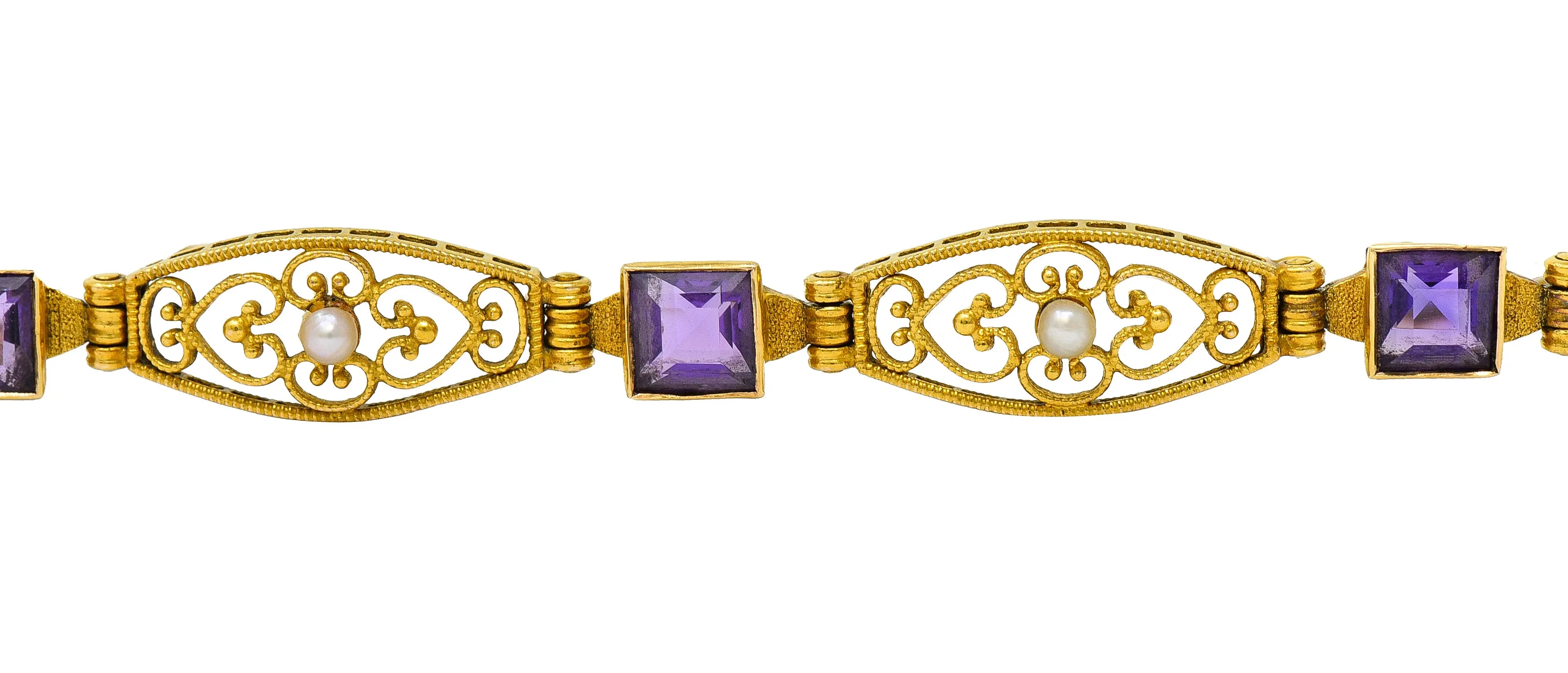 1905 Art Nouveau Amethyst Pearl 14 Karat Gold Link Bracelet