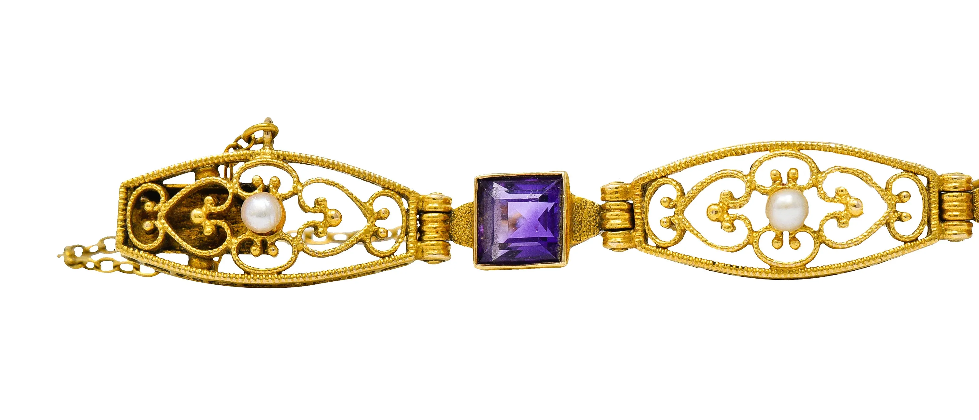 1905 Art Nouveau Amethyst Pearl 14 Karat Gold Link Bracelet