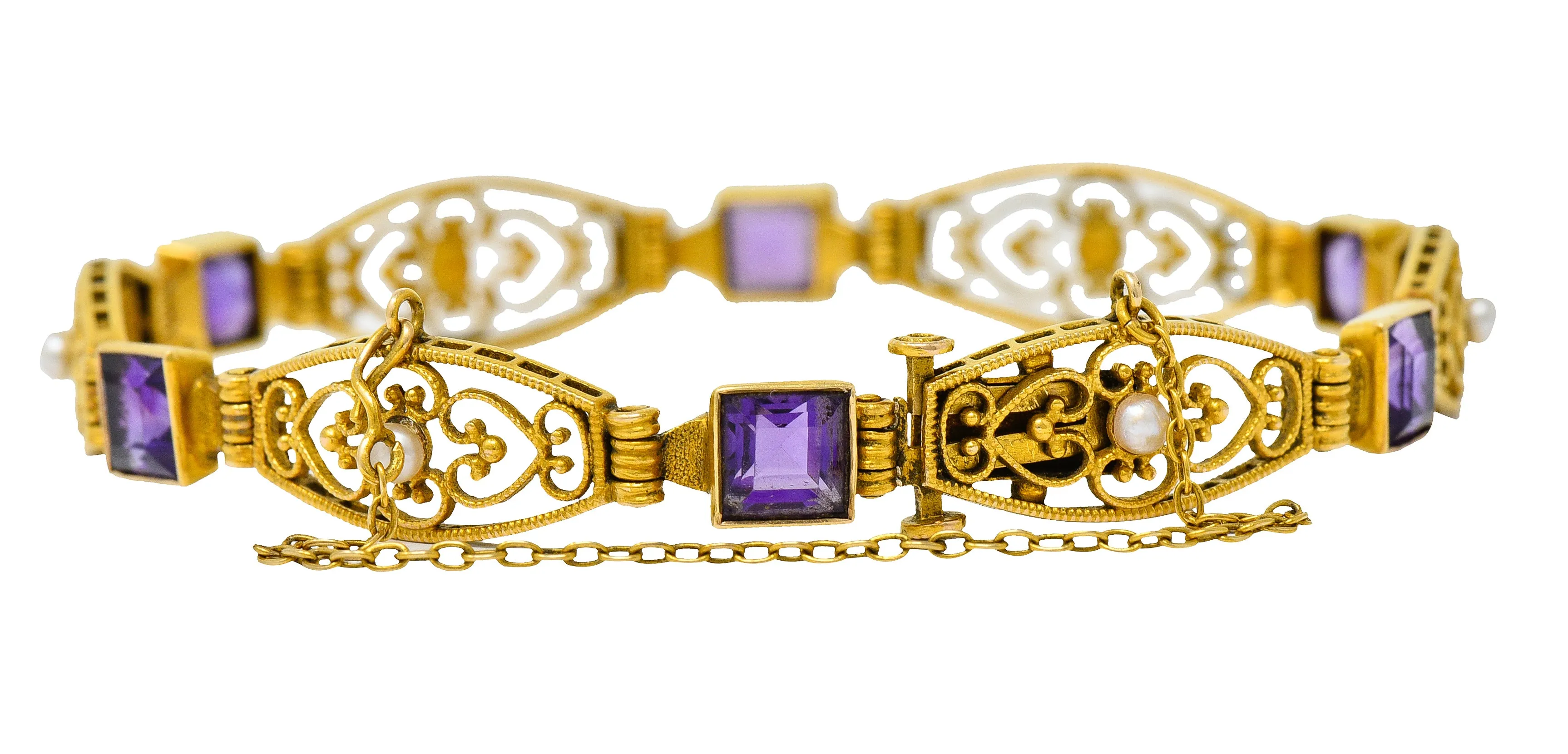 1905 Art Nouveau Amethyst Pearl 14 Karat Gold Link Bracelet