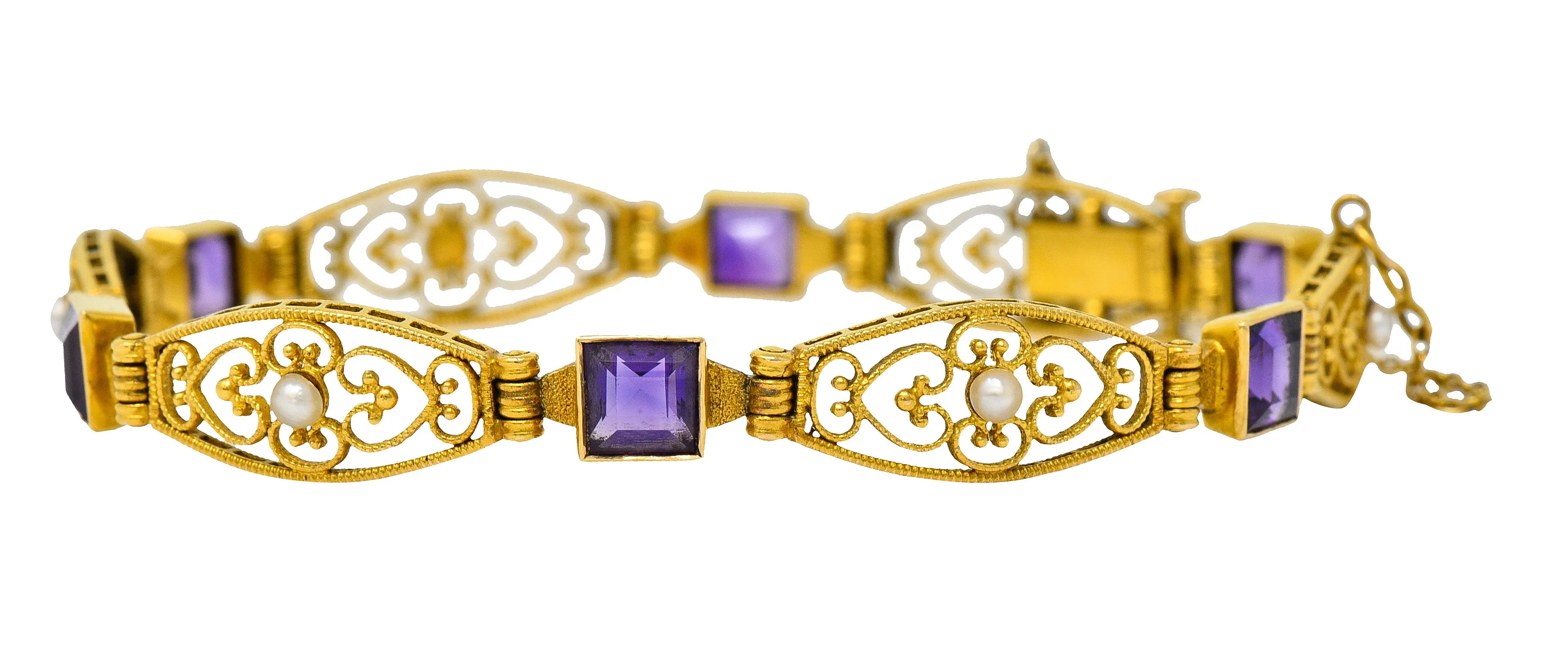 1905 Art Nouveau Amethyst Pearl 14 Karat Gold Link Bracelet
