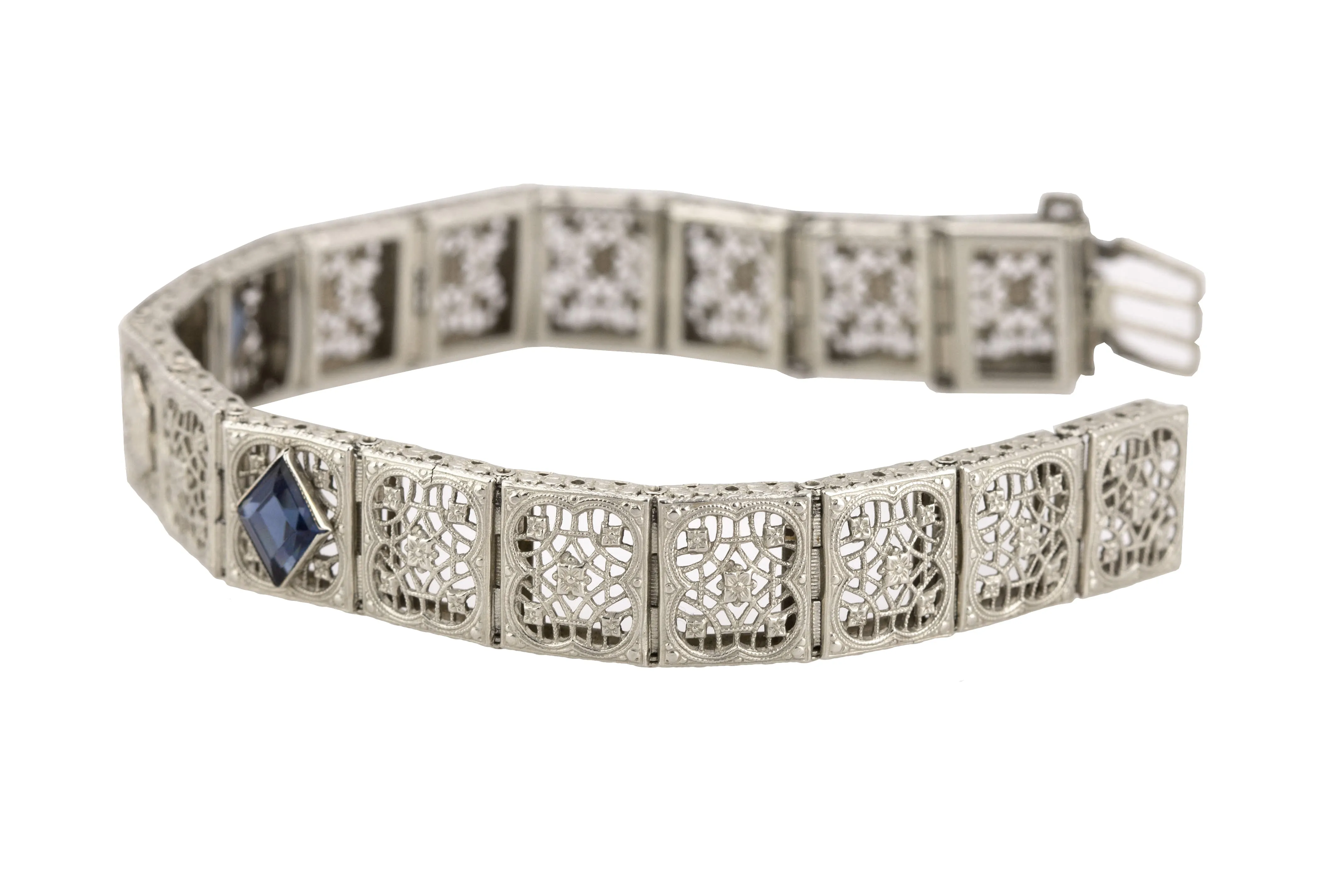 1930's Art Deco 14K White Gold 0.03 CT Diamond Sapphire Floral Filigree Bracelet