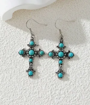 1pair Western Style Alloy Vintage Gothic Cross Earrings With Natural Turquoise Stones, Gift For Mother, Students, Teachers; Suitable For Beach Vacation Style