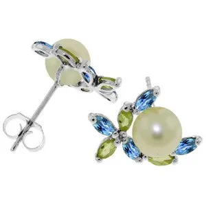 3.25 Carat 14K Solid White Gold Stud Earrings Peridot, Blue Topaz Pearl