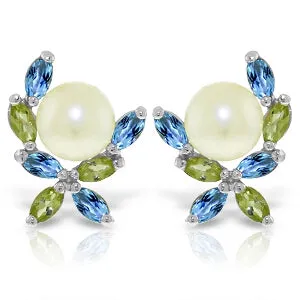 3.25 Carat 14K Solid White Gold Stud Earrings Peridot, Blue Topaz Pearl