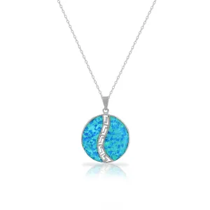 925 Sterling Silver Blue Turquoise-Tone Simulated Opal Greek Key Round Pendant Necklace