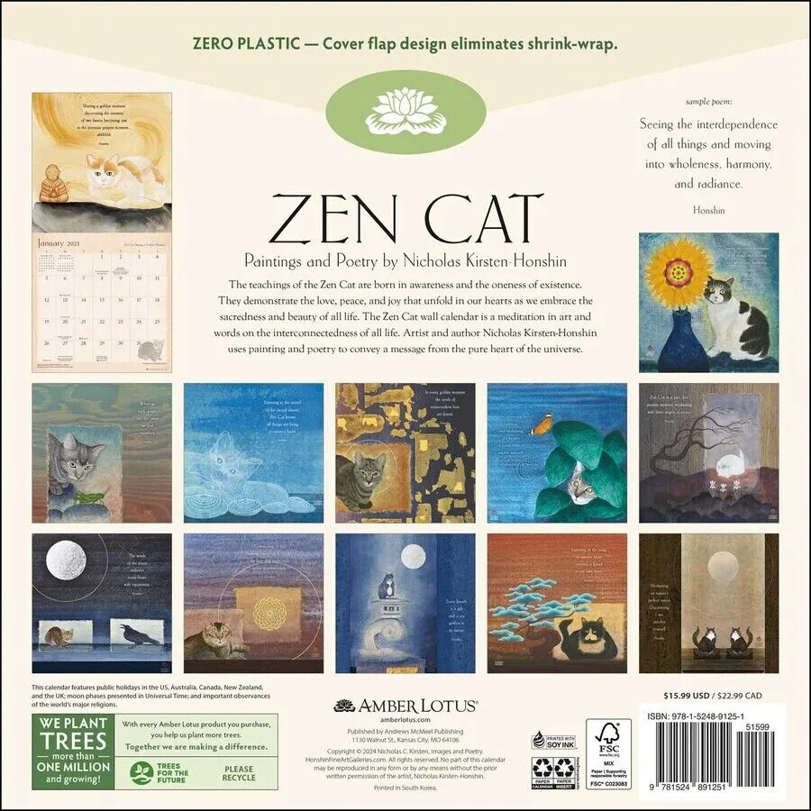 Amber Lotus Zen Cat 12x12 2025 Wall Calendar
