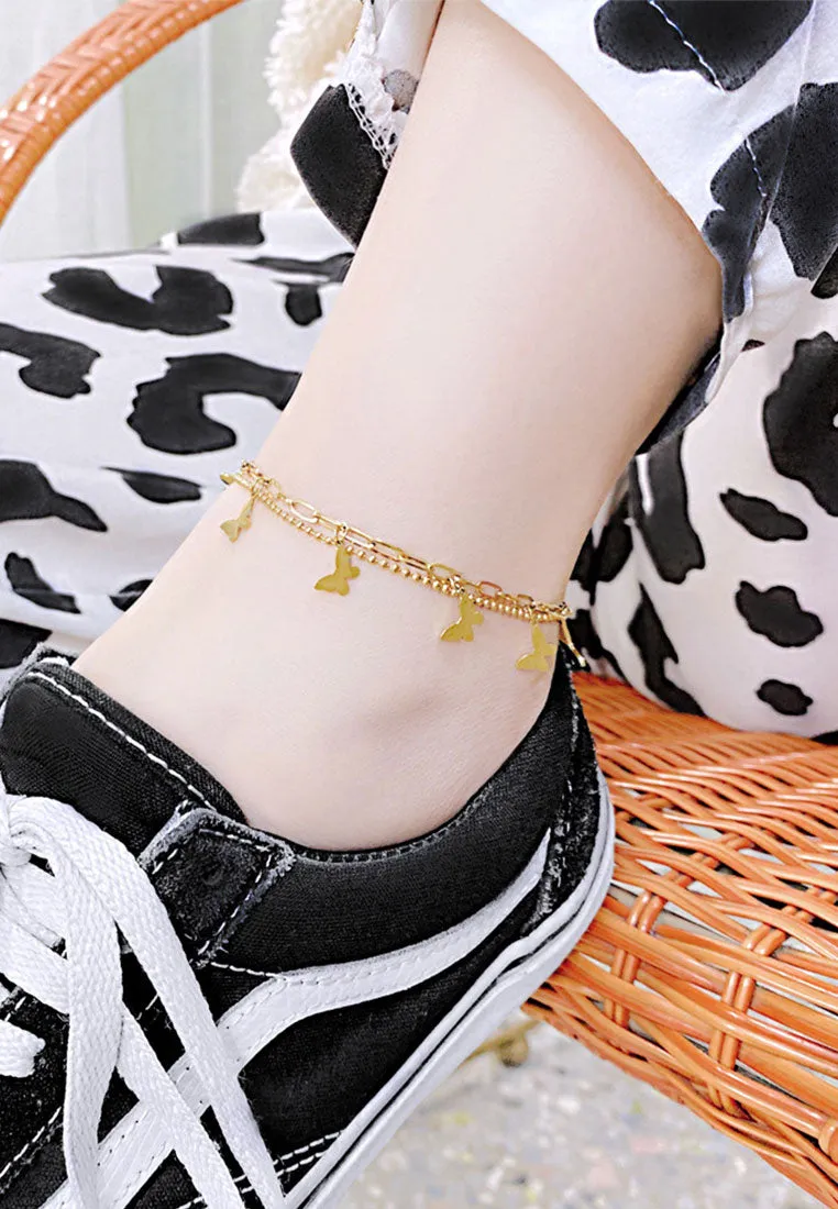 Amelie Butterfly Pendant on Multi Chain Link Chain Anklet in Gold