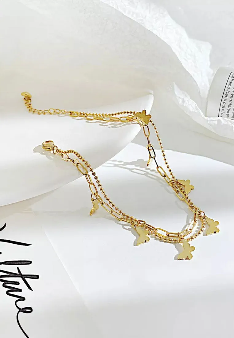Amelie Butterfly Pendant on Multi Chain Link Chain Anklet in Gold