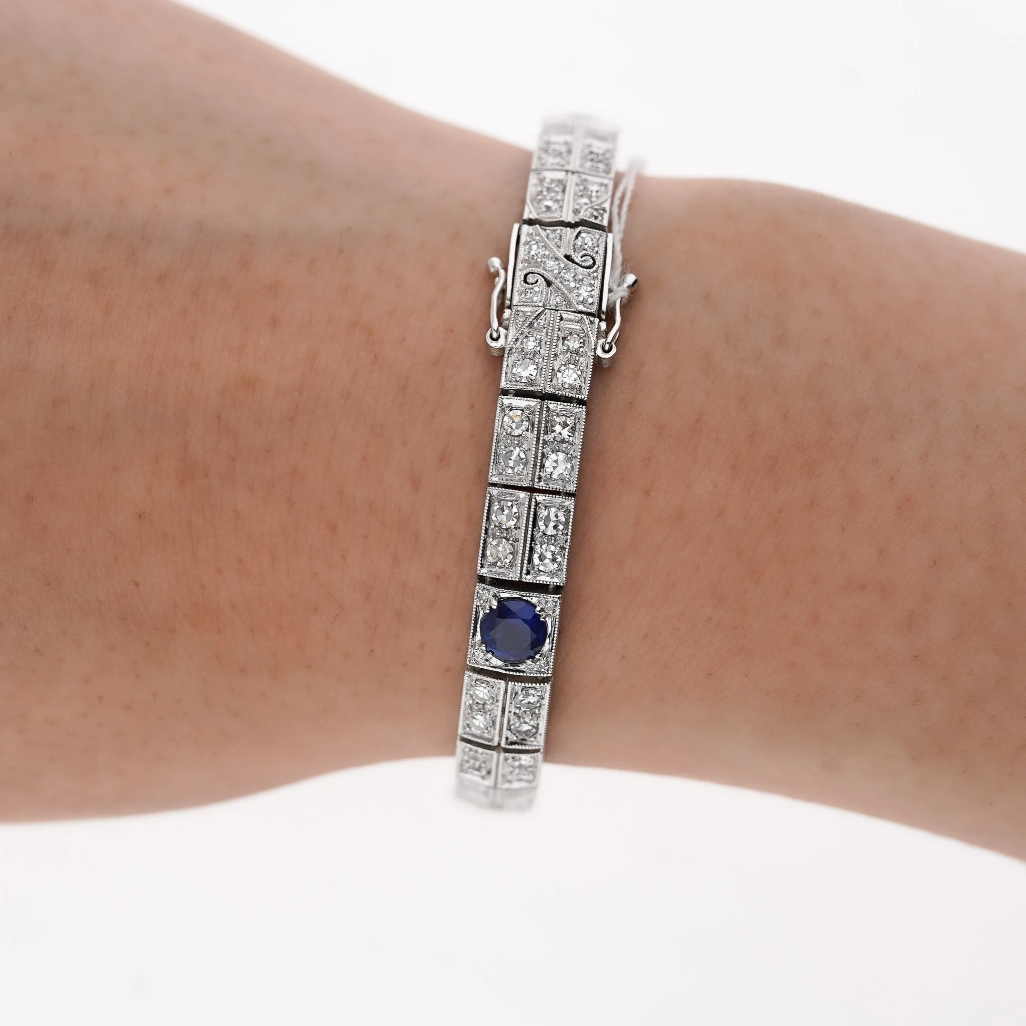 Antique Art Deco Platinum Filigree Blue Sapphire & Diamond Bracelet