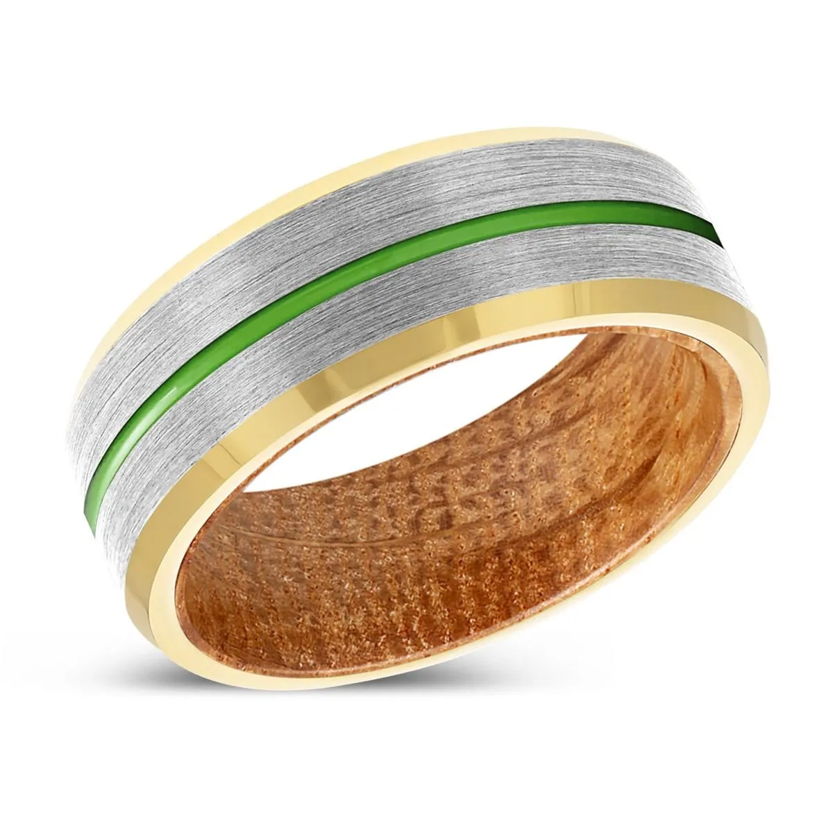 ARCHANGEL | Whiskey Barrel Wood, Silver Tungsten Ring, Green Groove, Gold Beveled Edge