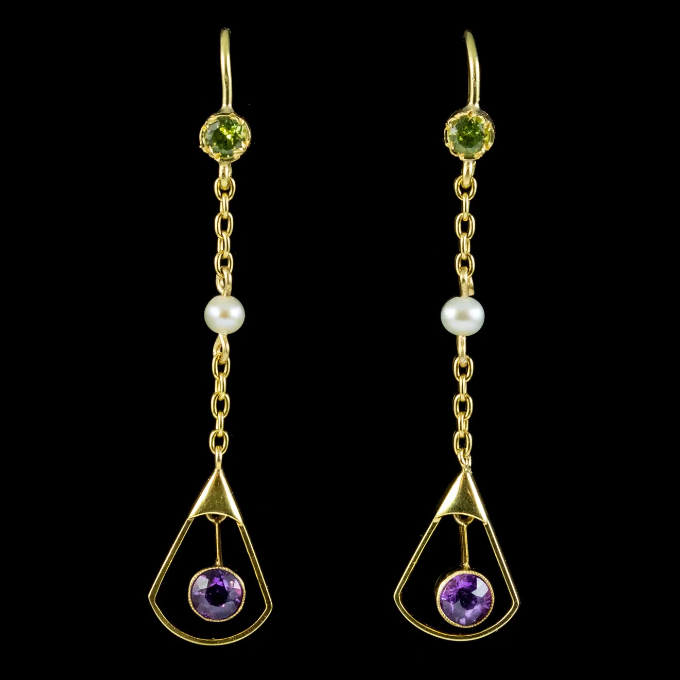Art Deco Suffragette Drop Earrings 15ct Gold Circa 1920