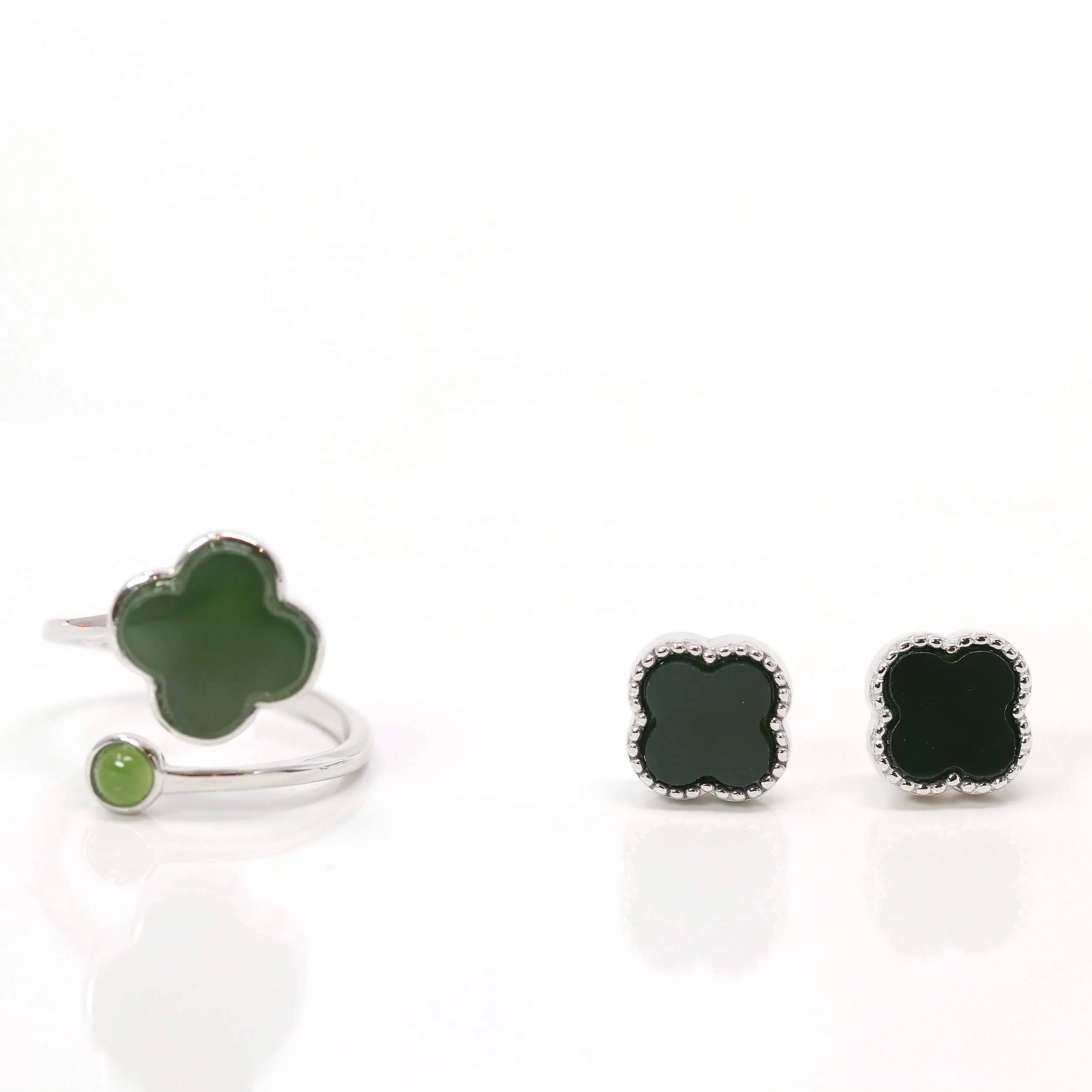 Baikalla™ Sterling Silver Real Green Nephrite Jade Lucky Four Leaf Pendant Necklace