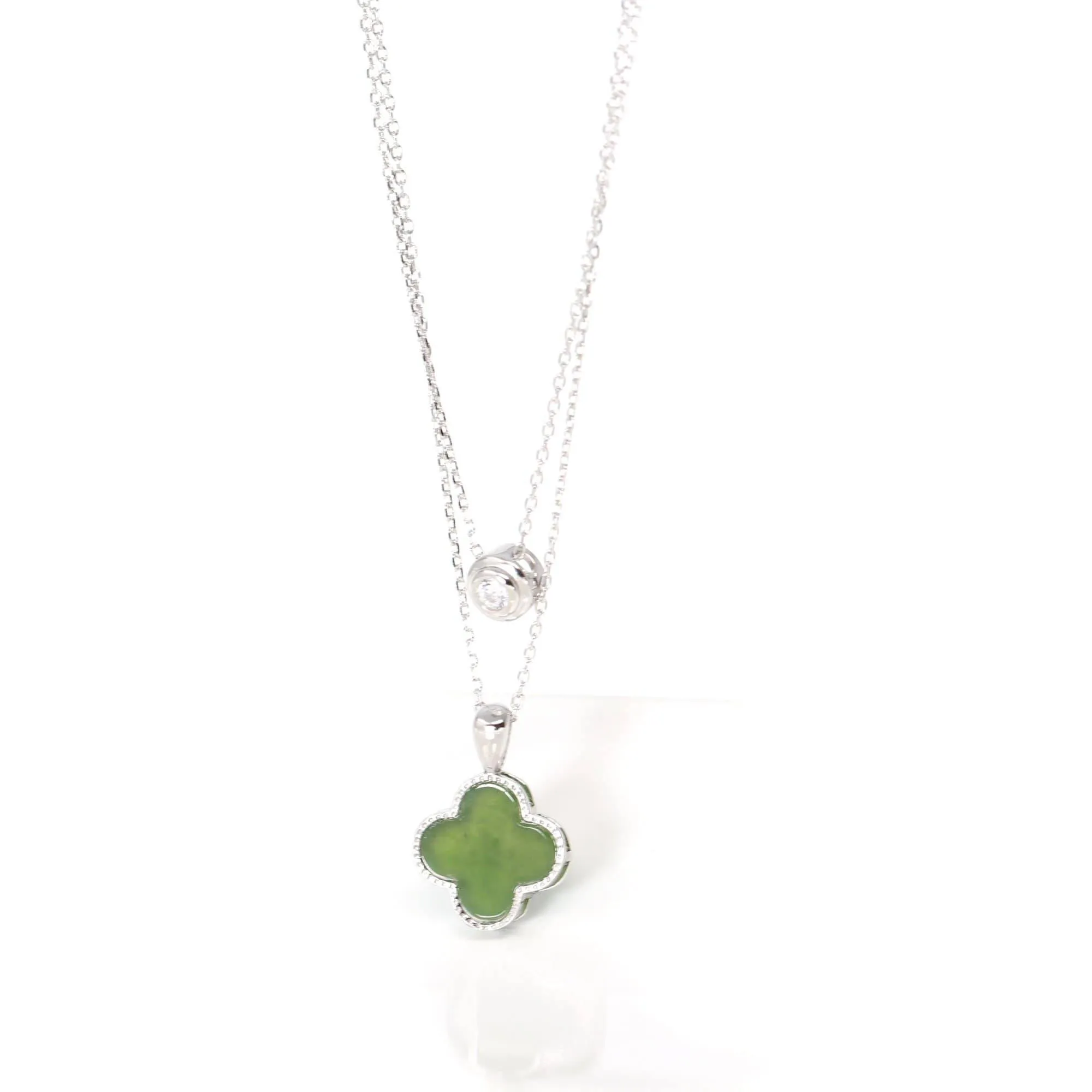 Baikalla™ Sterling Silver Real Green Nephrite Jade Lucky Four Leaf Pendant Necklace