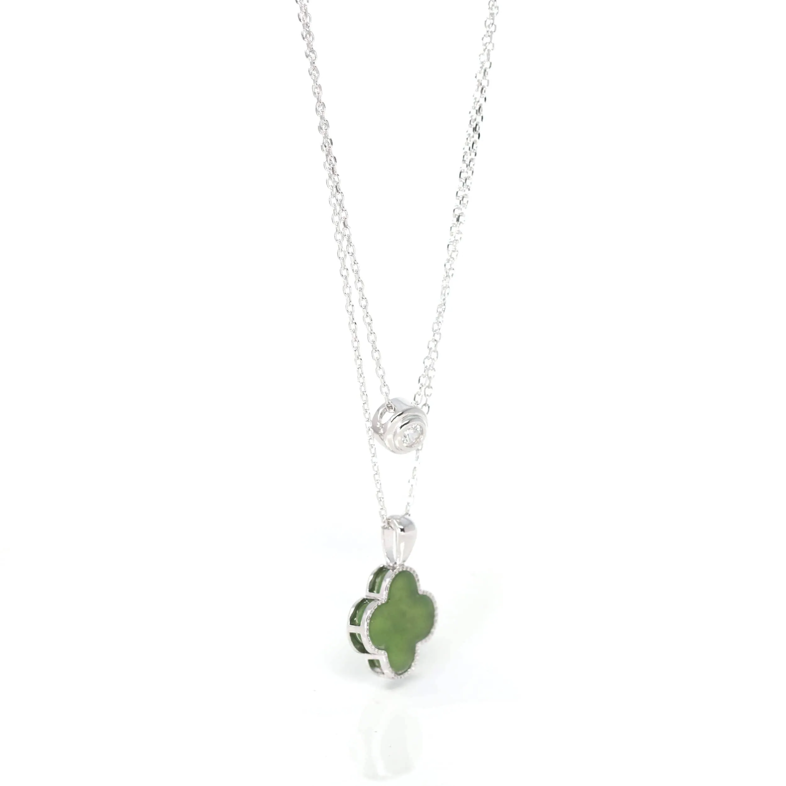 Baikalla™ Sterling Silver Real Green Nephrite Jade Lucky Four Leaf Pendant Necklace