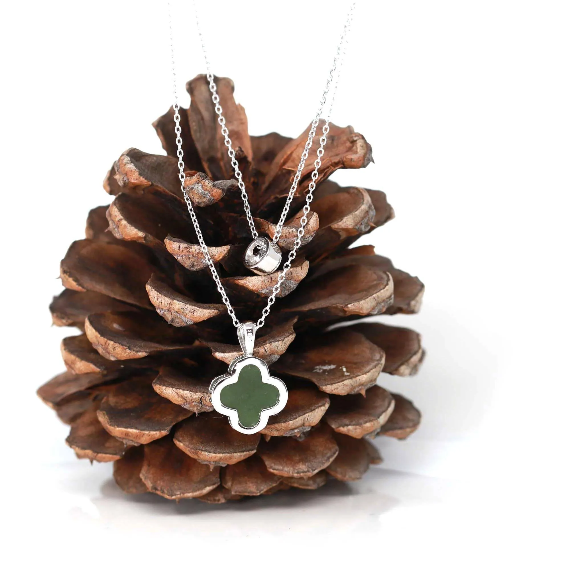 Baikalla™ Sterling Silver Real Green Nephrite Jade Lucky Four Leaf Pendant Necklace