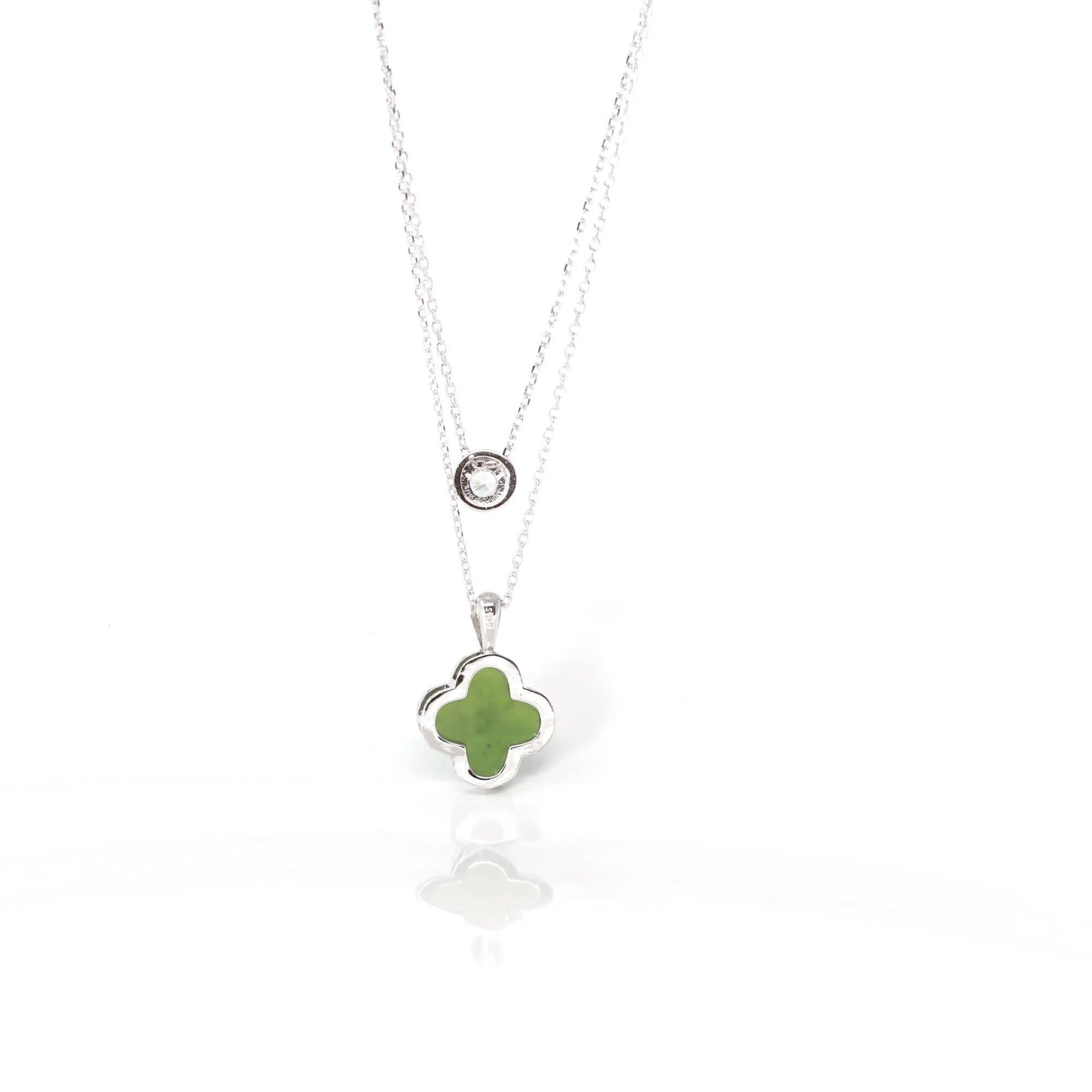 Baikalla™ Sterling Silver Real Green Nephrite Jade Lucky Four Leaf Pendant Necklace