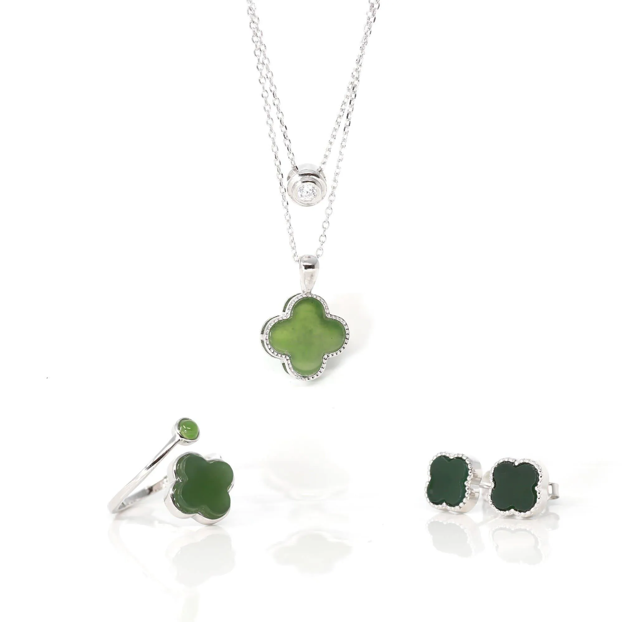 Baikalla™ Sterling Silver Real Green Nephrite Jade Lucky Four Leaf Pendant Necklace