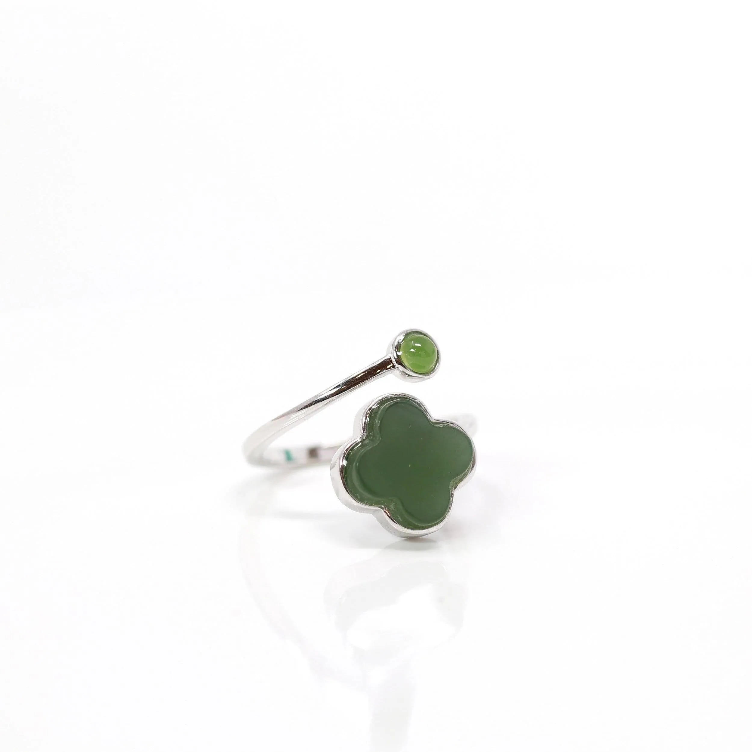 Baikalla™ Sterling Silver Real Green Nephrite Jade Lucky Four Leaf Pendant Necklace