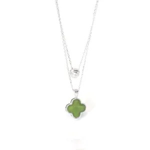 Baikalla™ Sterling Silver Real Green Nephrite Jade Lucky Four Leaf Pendant Necklace