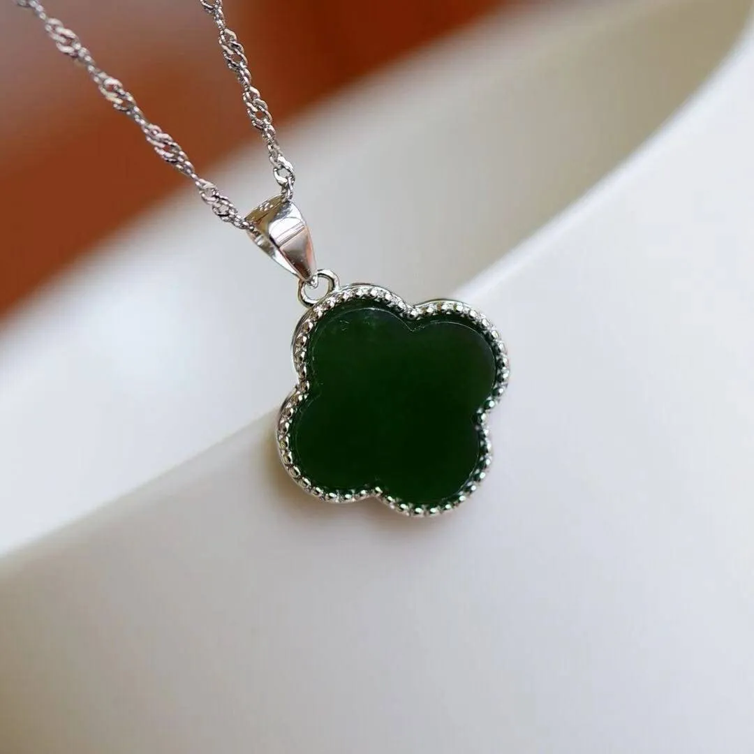 Baikalla™ Sterling Silver Real Green Nephrite Jade Lucky Four Leaf Pendant Necklace