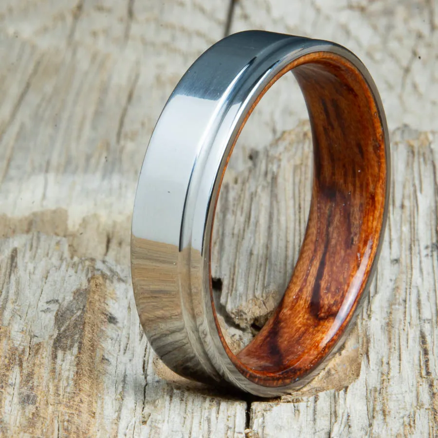 Bentwood Bubinga ring with polished single groove titanium