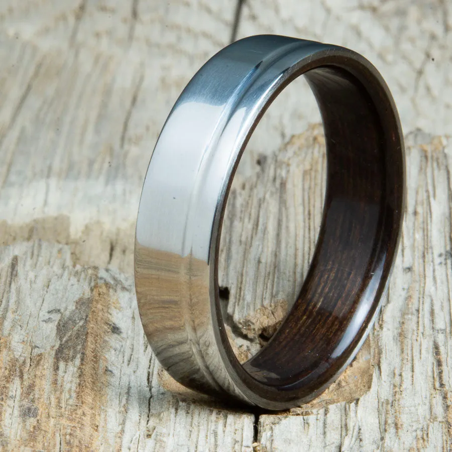 Bentwood Ebony ring with 6mm polished titanium offset groove outer