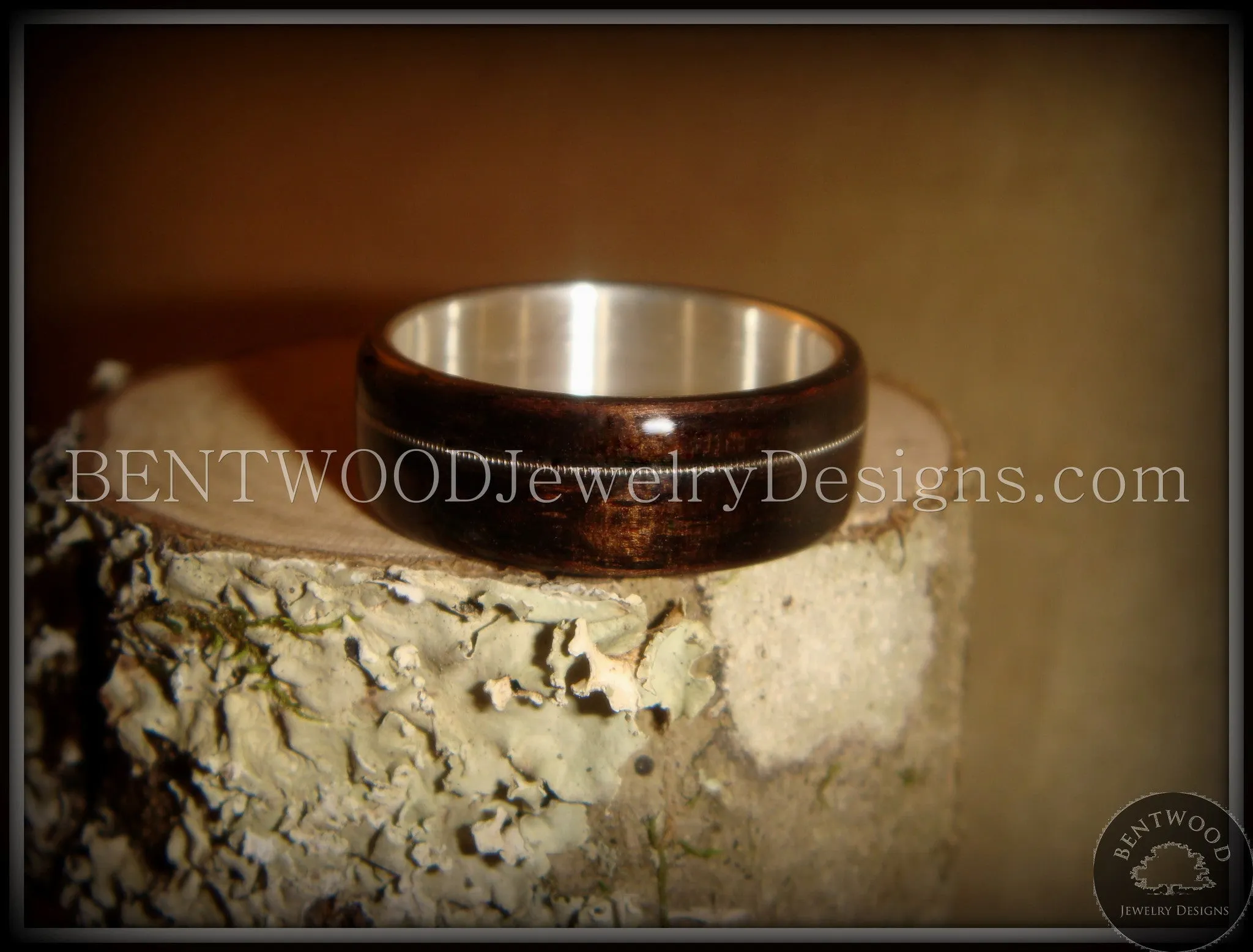 Bentwood Ring - Ebony Wood Ring with Wide Fine Silver Core and Thin Silver Guitar String Inlay