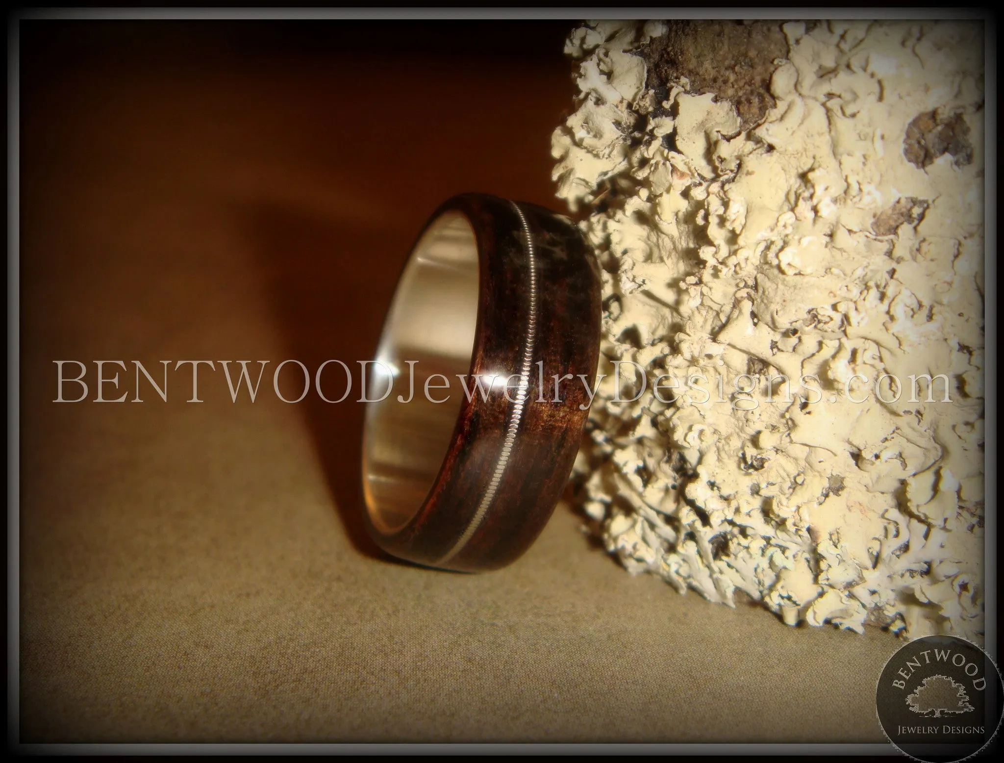 Bentwood Ring - Ebony Wood Ring with Wide Fine Silver Core and Thin Silver Guitar String Inlay