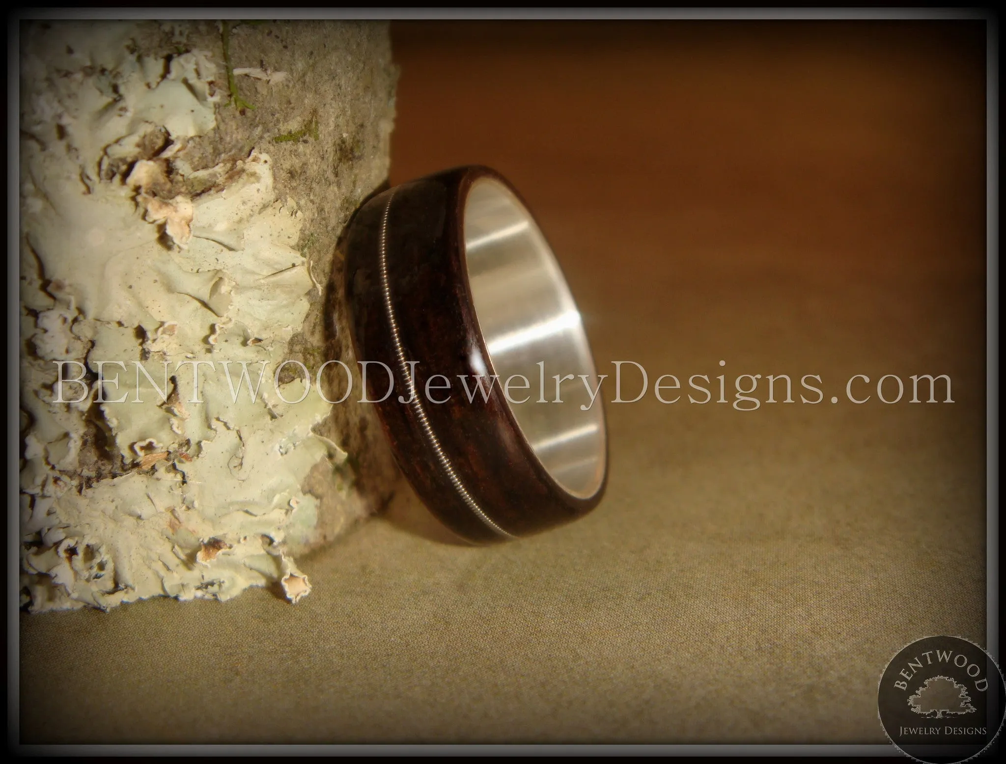 Bentwood Ring - Ebony Wood Ring with Wide Fine Silver Core and Thin Silver Guitar String Inlay