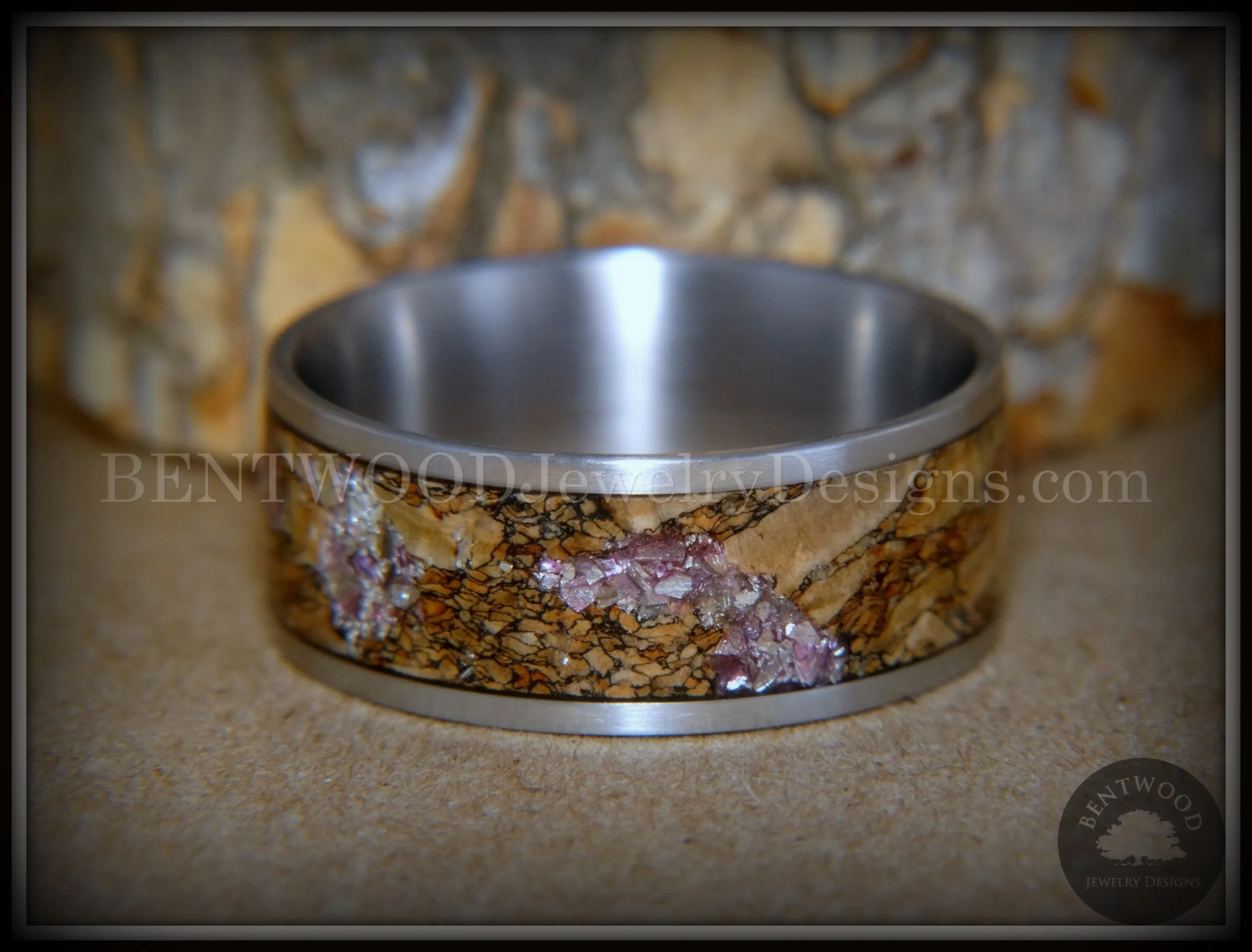 Bentwood Ring - "Figured Brown Amethyst" Glass Rare Mediterranean Oak Burl Wood Ring on Stainless Steel Comfort Fit Core