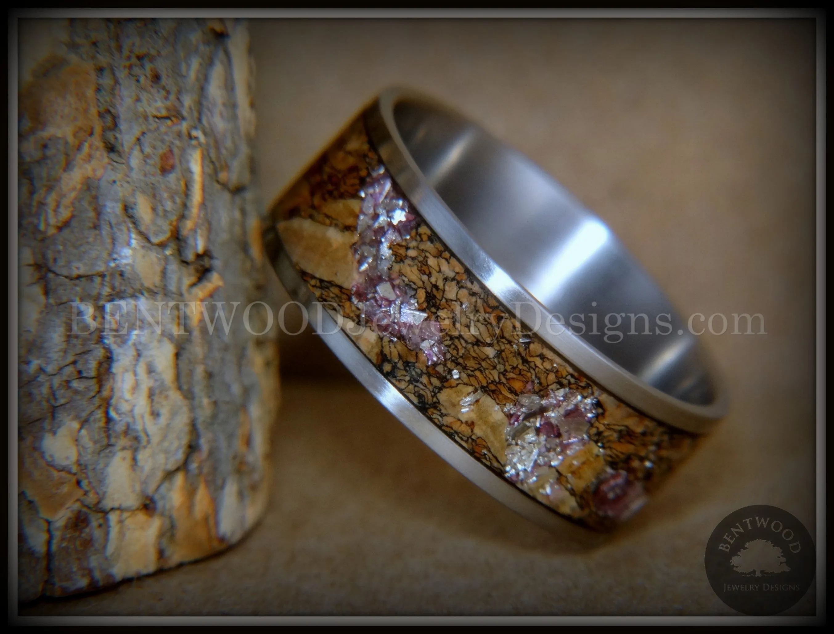 Bentwood Ring - "Figured Brown Amethyst" Glass Rare Mediterranean Oak Burl Wood Ring on Stainless Steel Comfort Fit Core