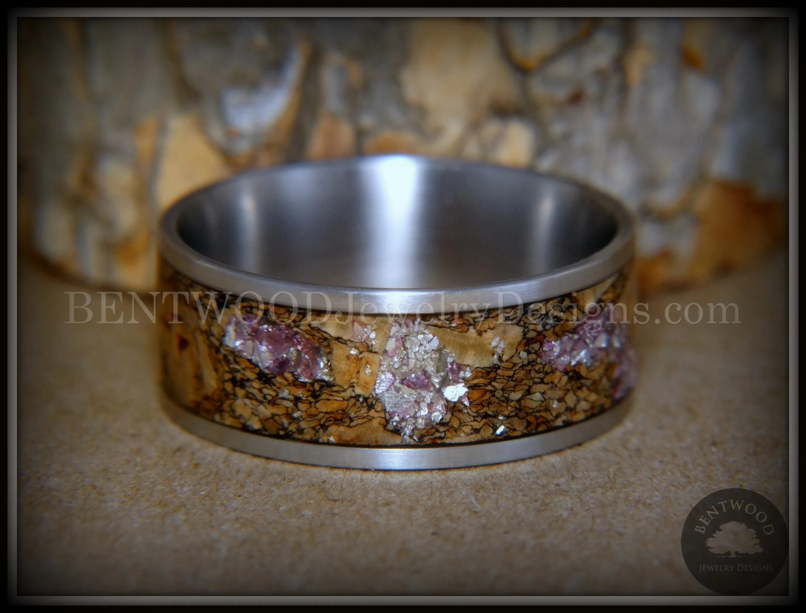 Bentwood Ring - "Figured Brown Amethyst" Glass Rare Mediterranean Oak Burl Wood Ring on Stainless Steel Comfort Fit Core