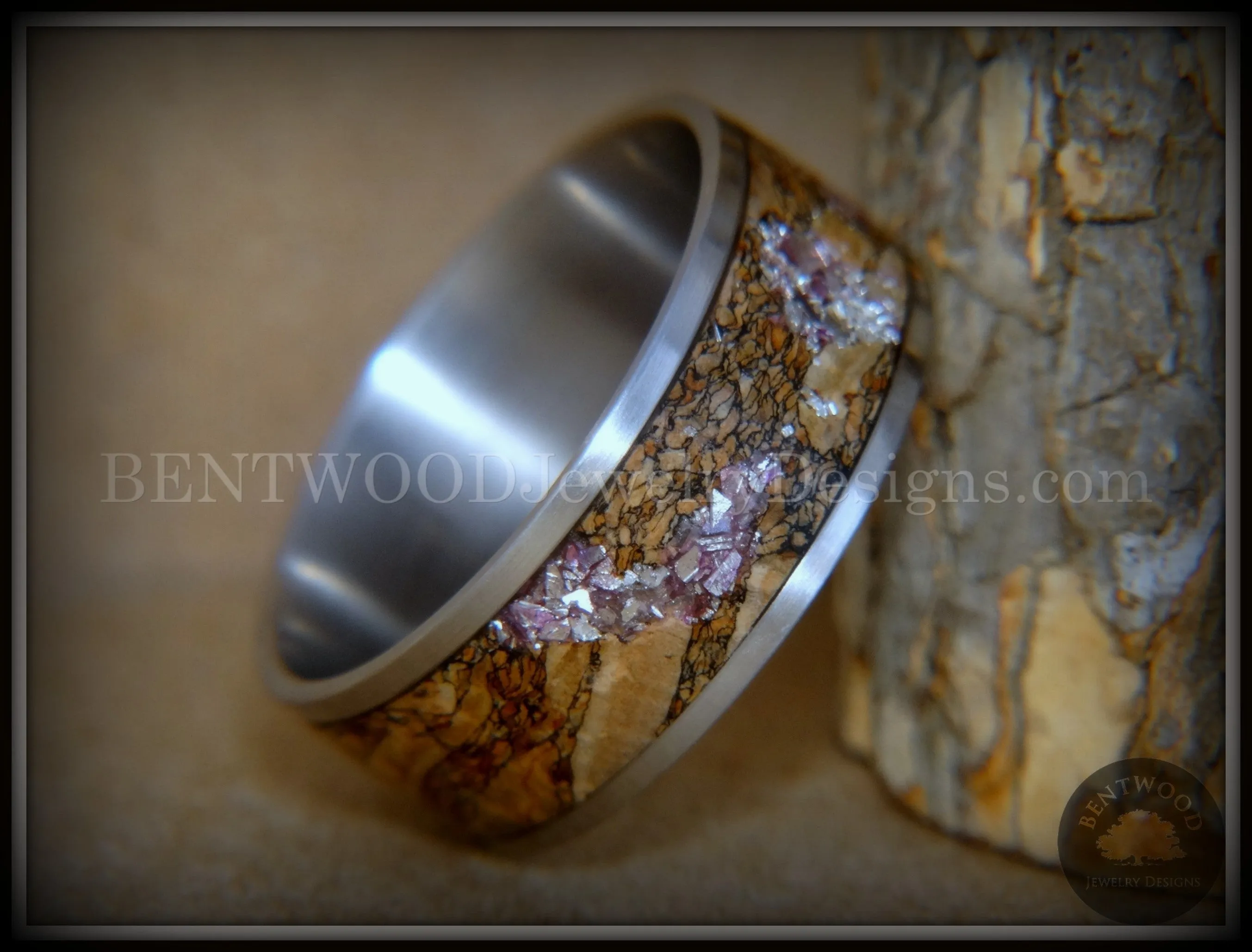 Bentwood Ring - "Figured Brown Amethyst" Glass Rare Mediterranean Oak Burl Wood Ring on Stainless Steel Comfort Fit Core