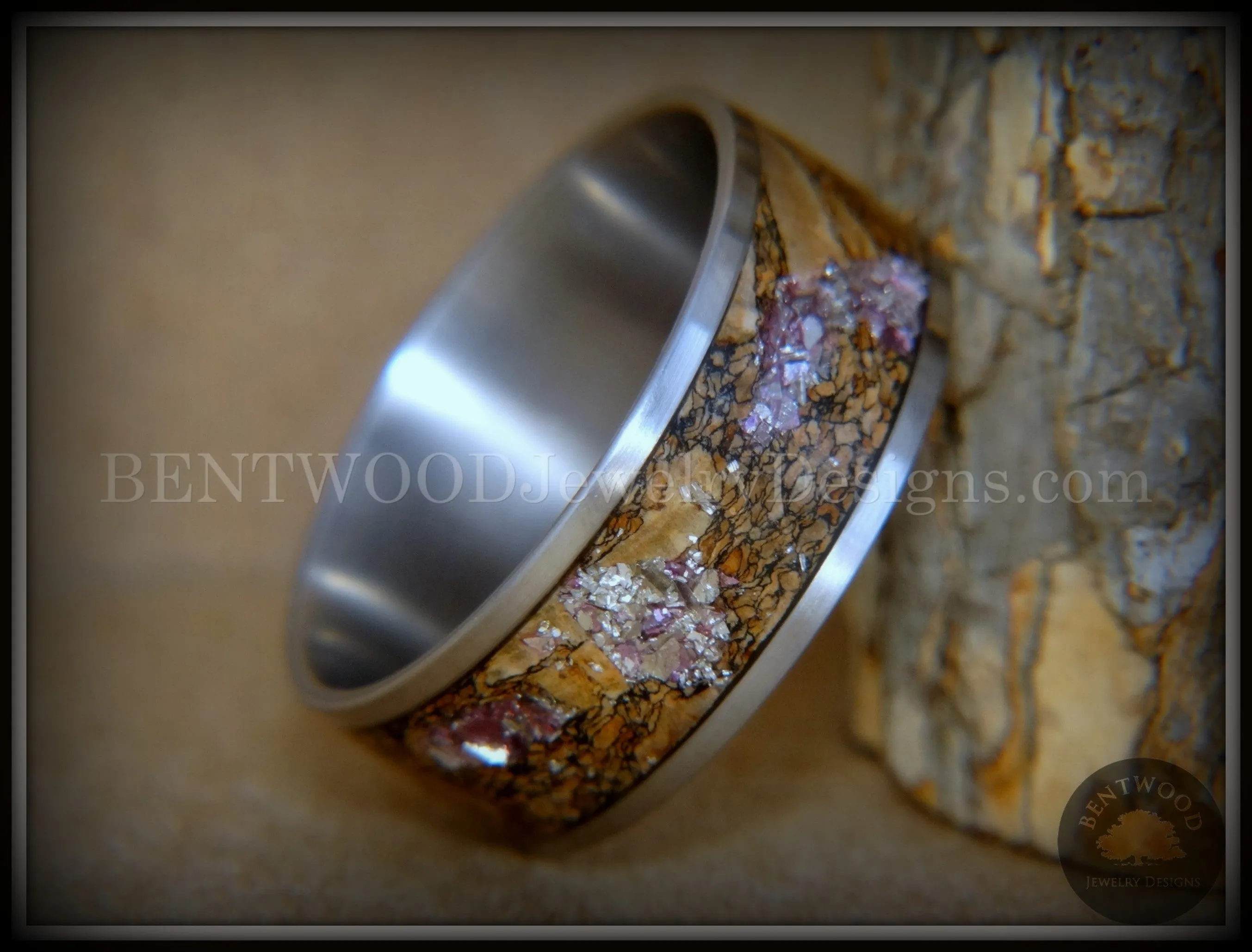 Bentwood Ring - "Figured Brown Amethyst" Glass Rare Mediterranean Oak Burl Wood Ring on Stainless Steel Comfort Fit Core