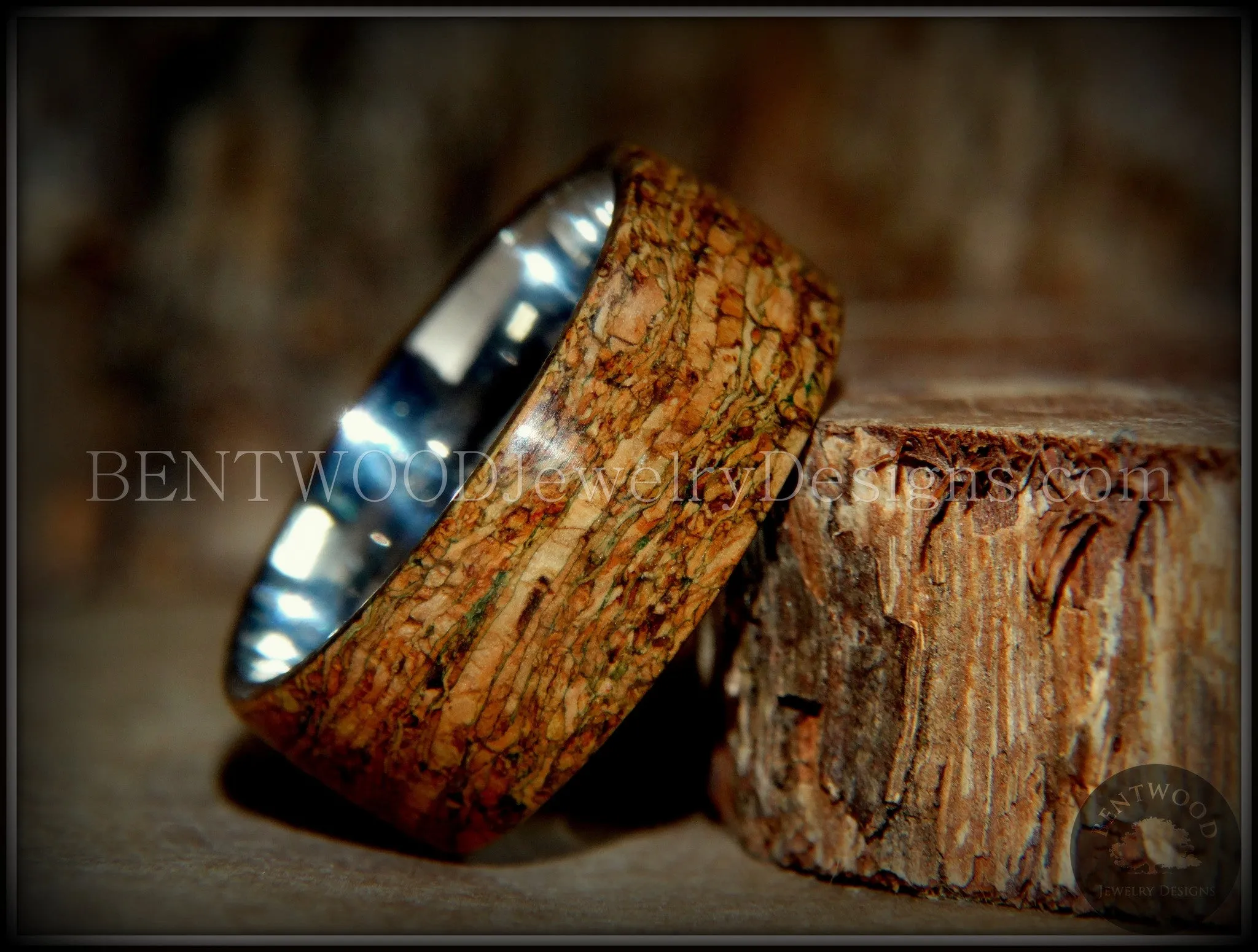 Bentwood Ring - "Figured Green" Mediterranean Oak Burl Wood Ring with Surgical Grade Stainless Steel Comfort Fit Metal Core
