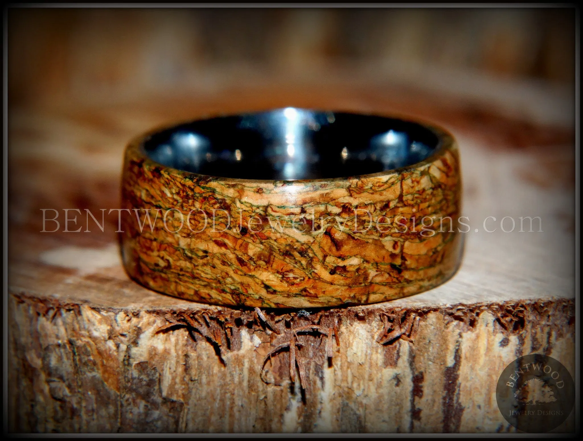 Bentwood Ring - "Figured Green" Mediterranean Oak Burl Wood Ring with Surgical Grade Stainless Steel Comfort Fit Metal Core