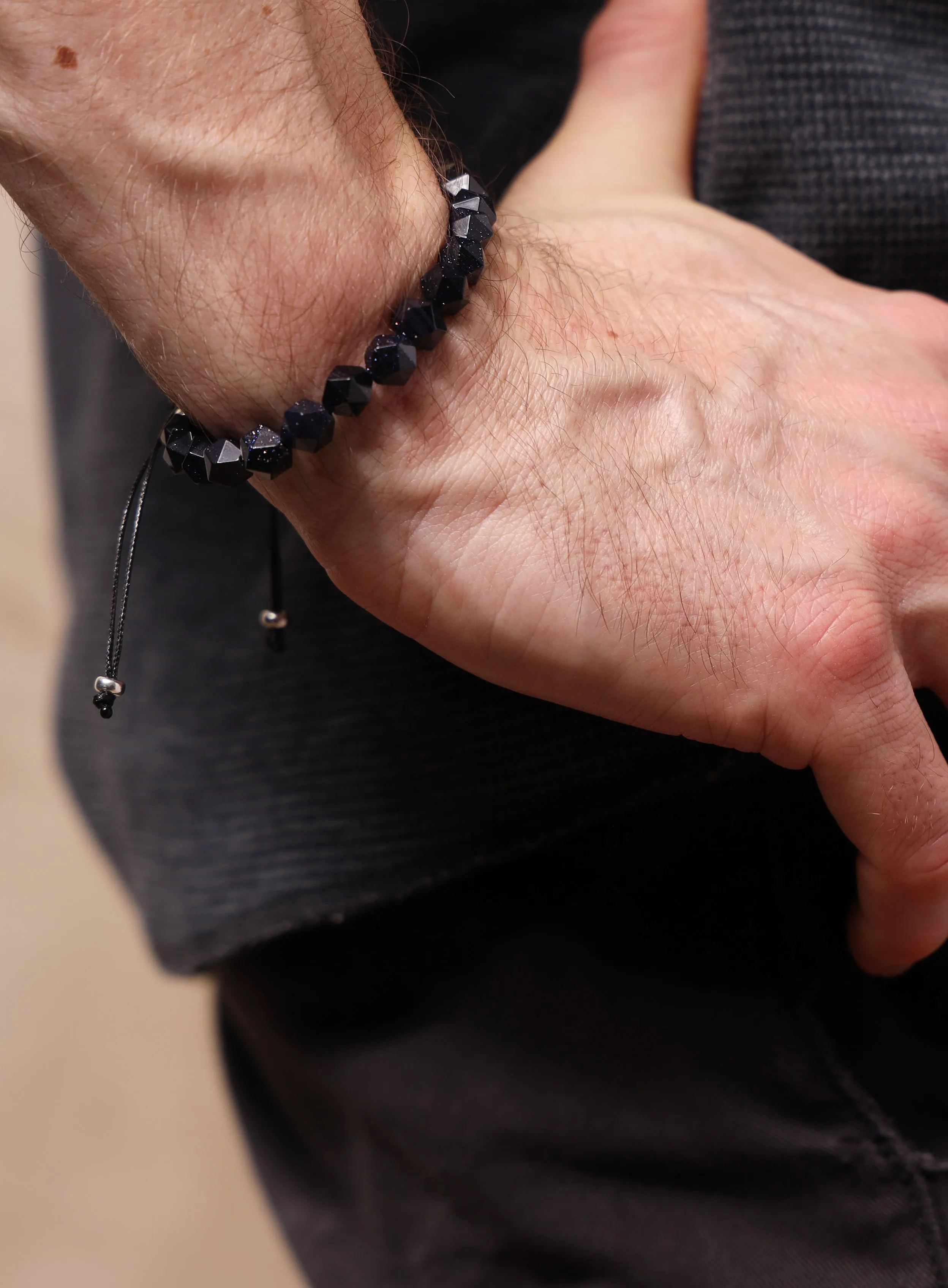 Blue Goldstone and Sterling Silver Men's Bead Bracelet