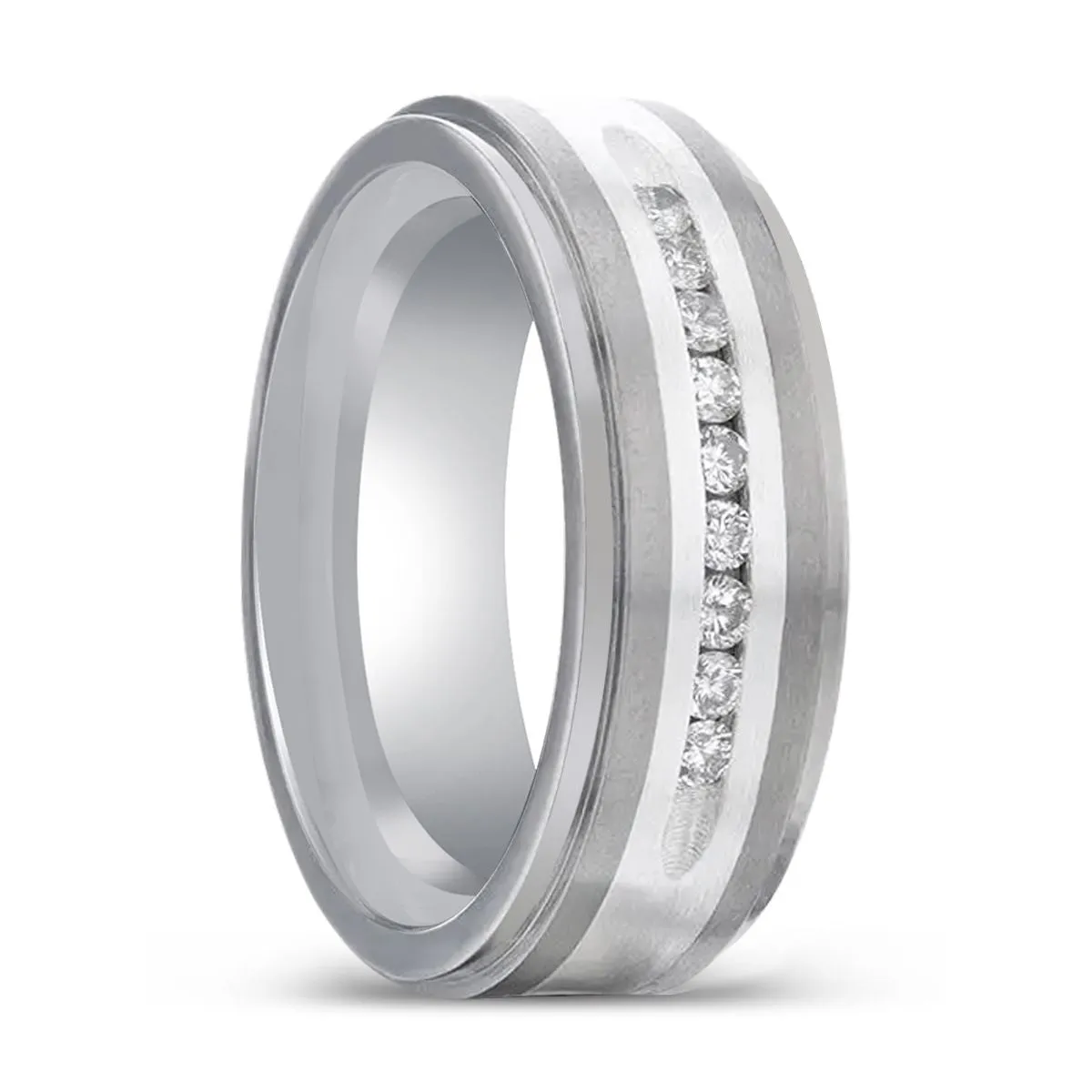 BOND | Titanium Ring, Flat Brushed Ring, White Diamonds Ring