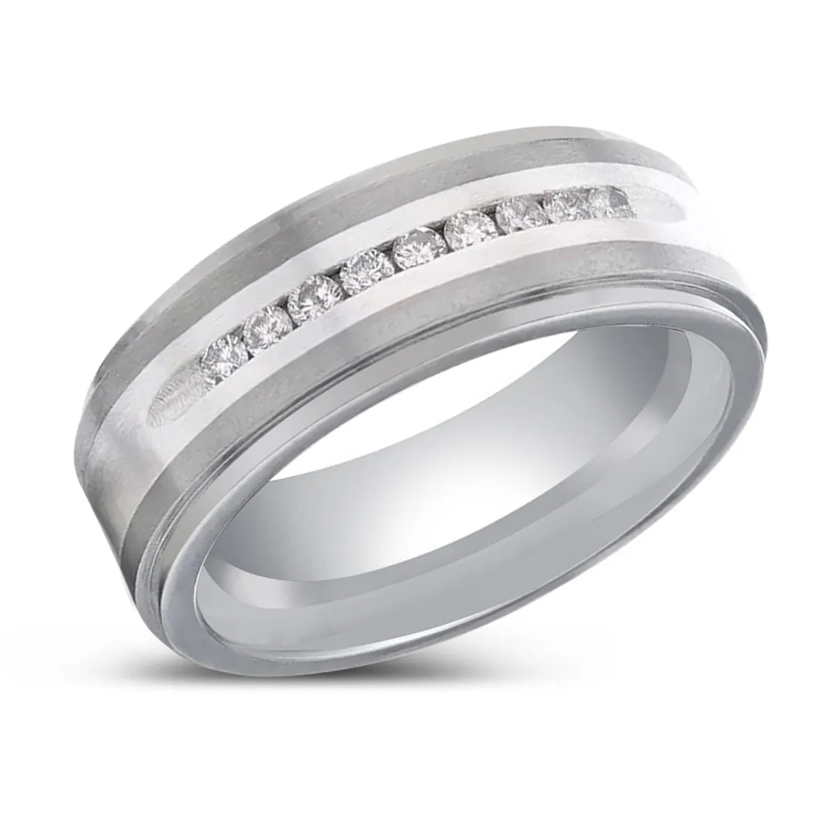 BOND | Titanium Ring, Flat Brushed Ring, White Diamonds Ring
