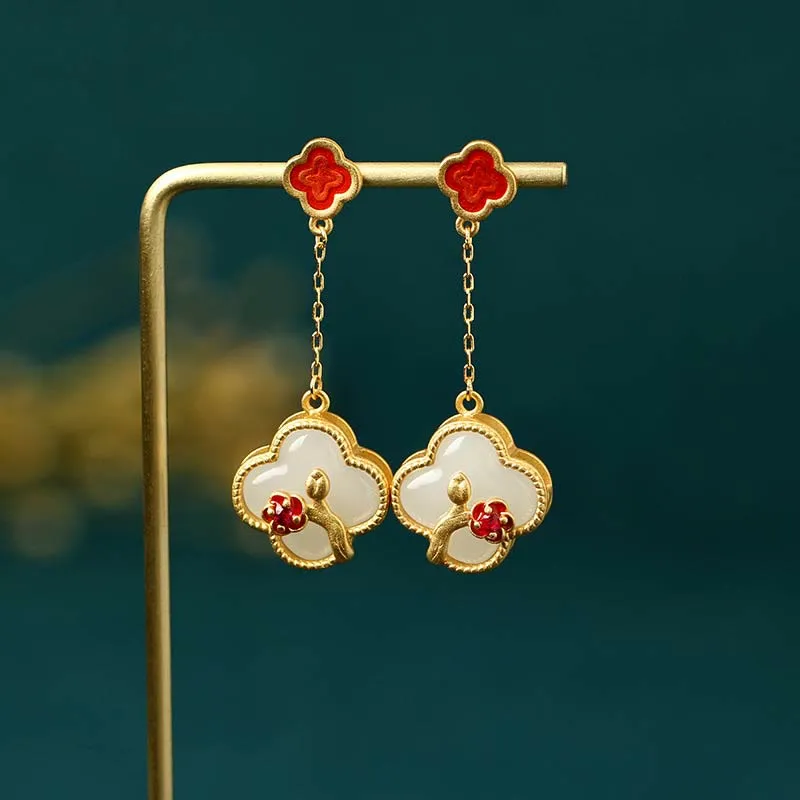Buddha Stones 24K Gold Plated White Jade Four Leaf Clover Plum Blossom Luck Necklace Pendant Earrings