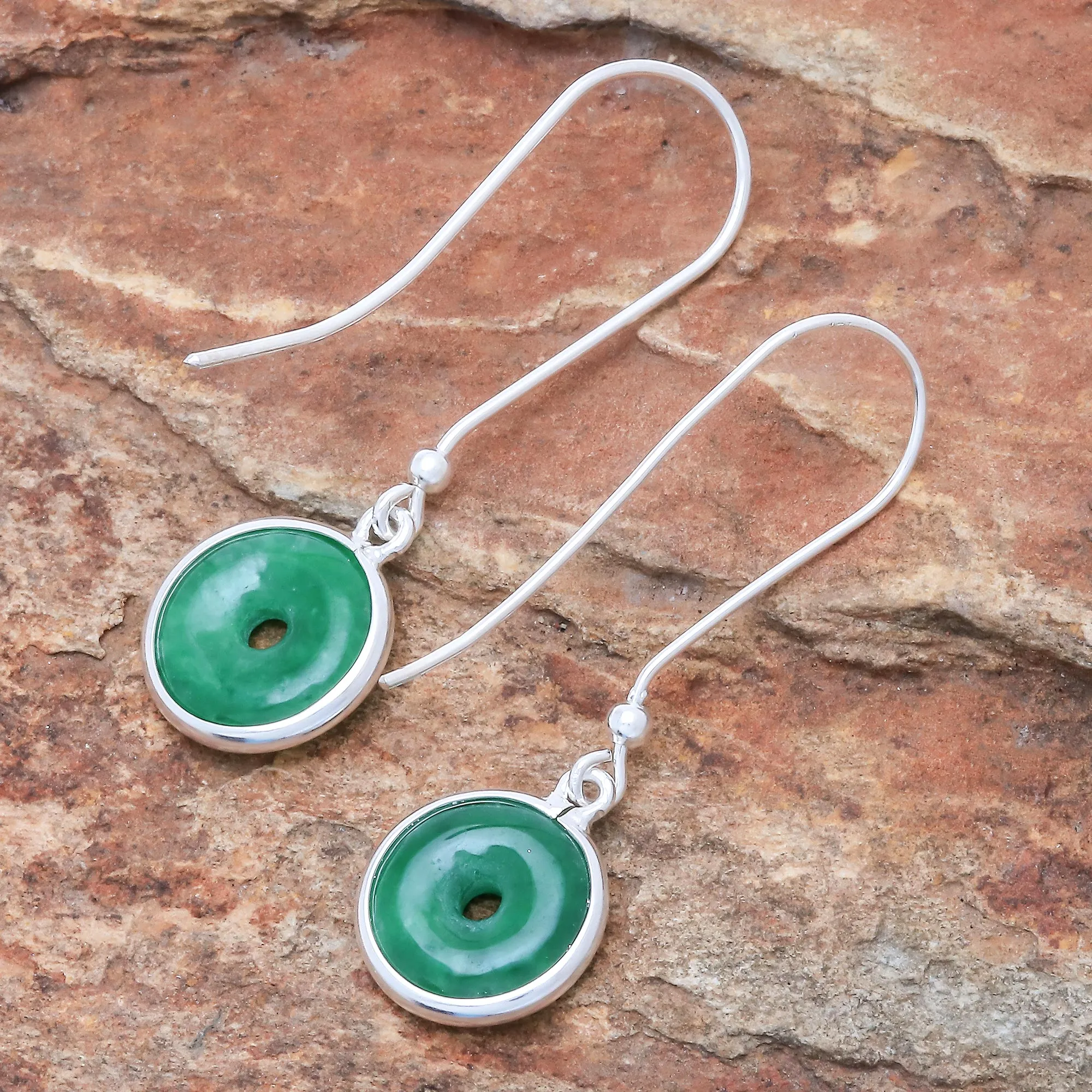 Circular Jade Dangle Earrings Crafted in Thailand - Green Rings | NOVICA