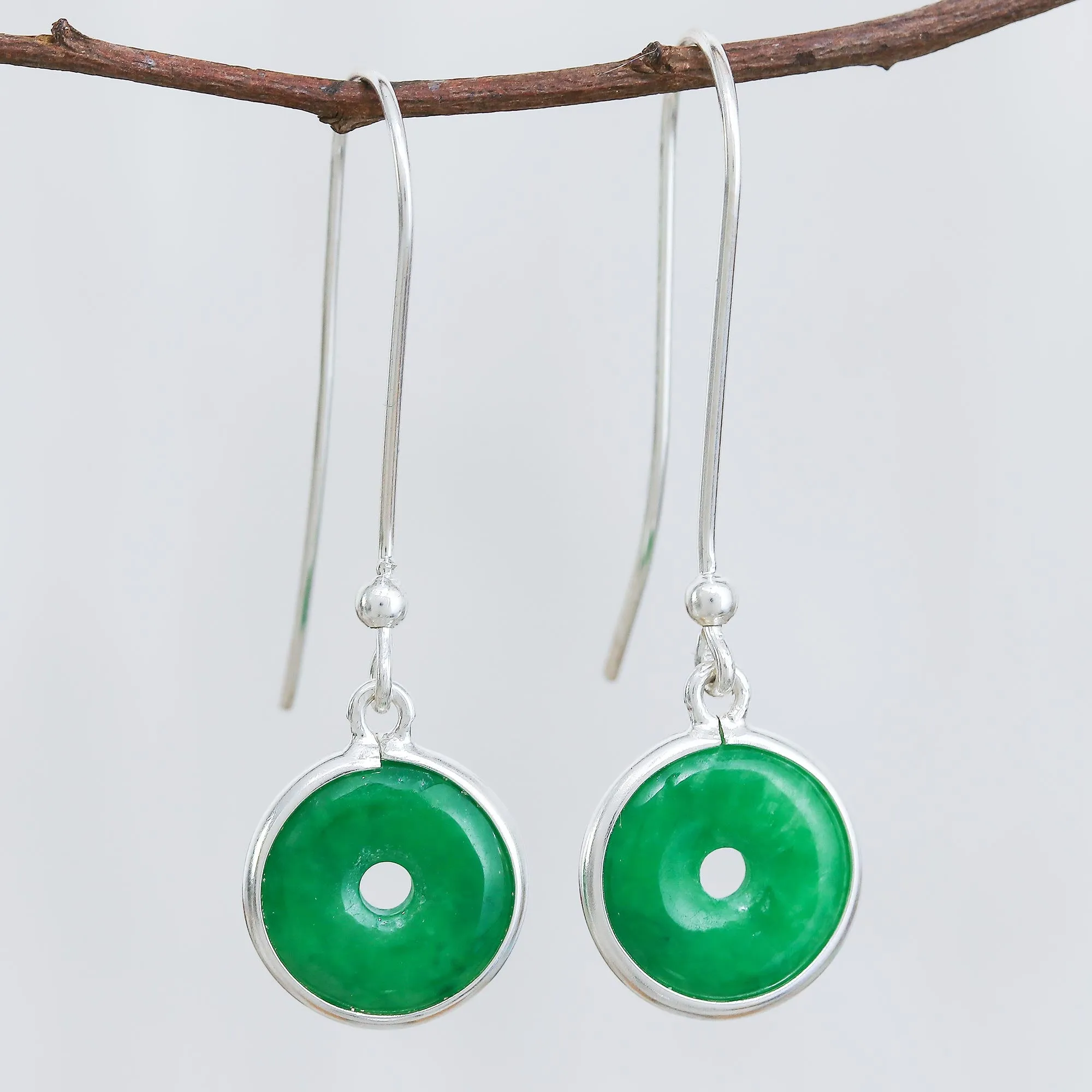 Circular Jade Dangle Earrings Crafted in Thailand - Green Rings | NOVICA
