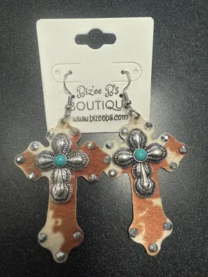 Cowhide Cross Earrings