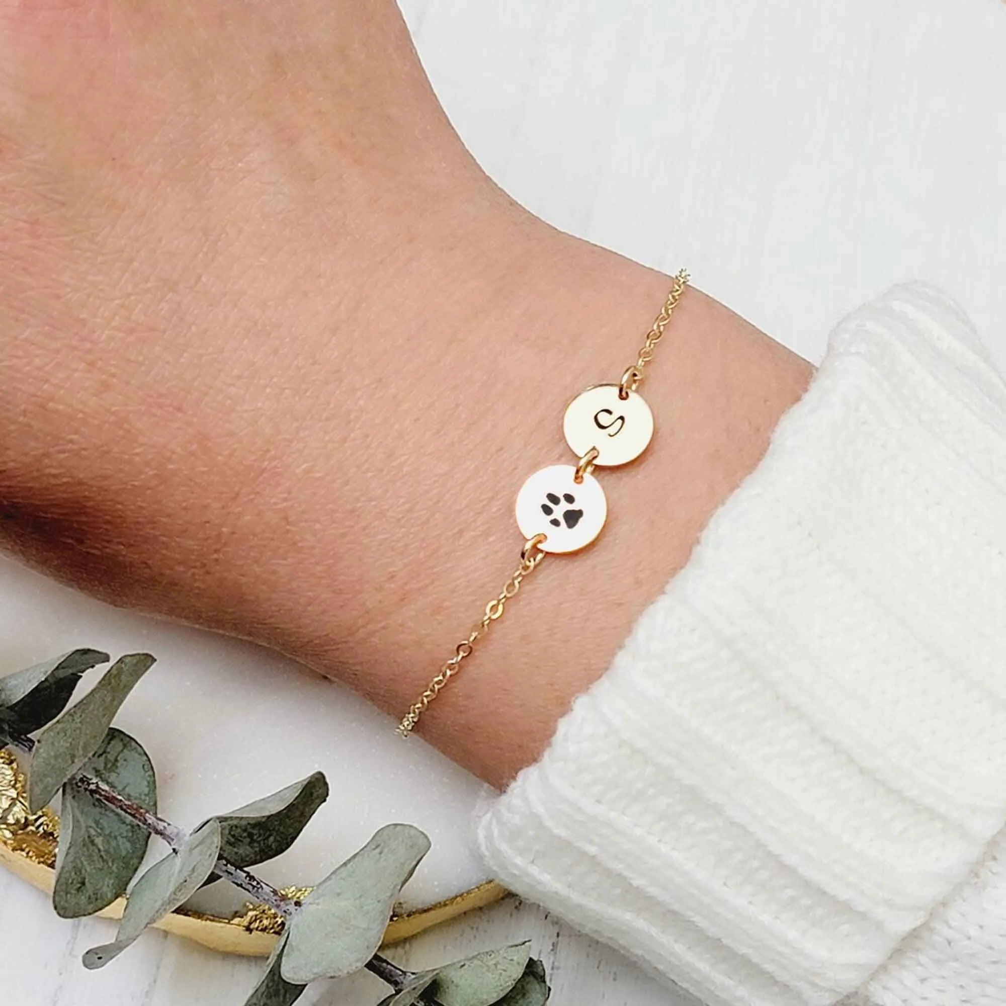 Dainty Actual Dog Cat Paw Nose Print Bracelet with Initial - CG528B. Starts at