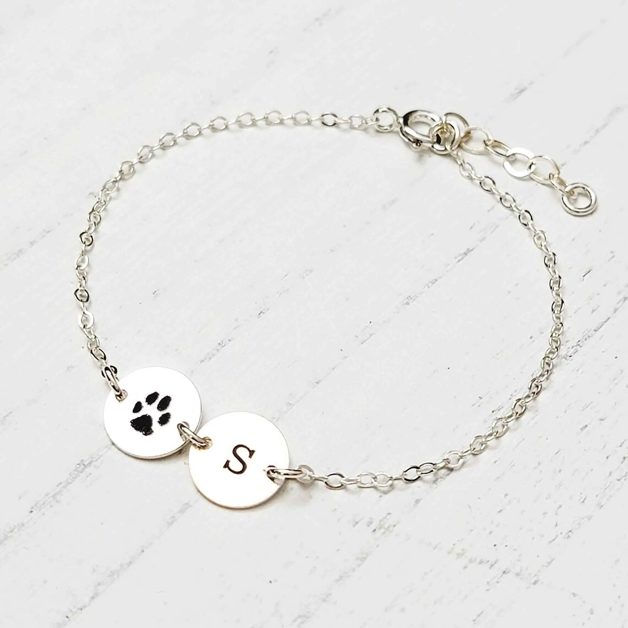 Dainty Actual Dog Cat Paw Nose Print Bracelet with Initial - CG528B. Starts at