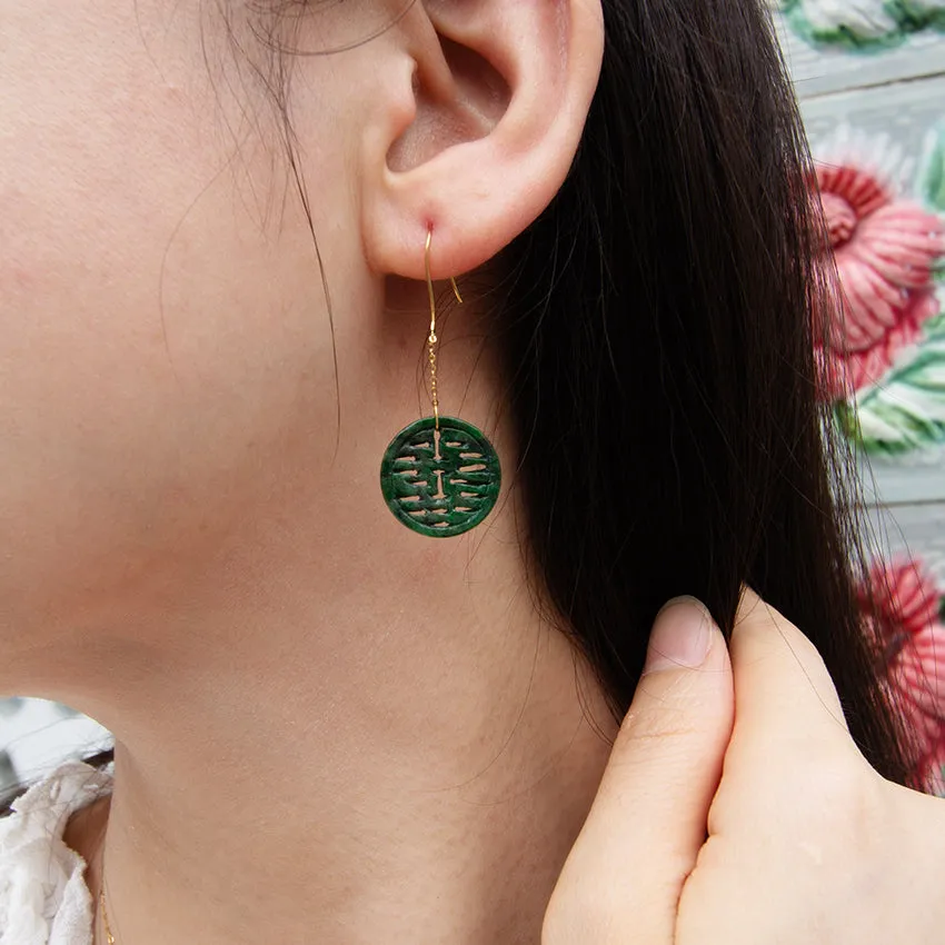 Double Happiness Jade 18k Gold Chain Earrings
