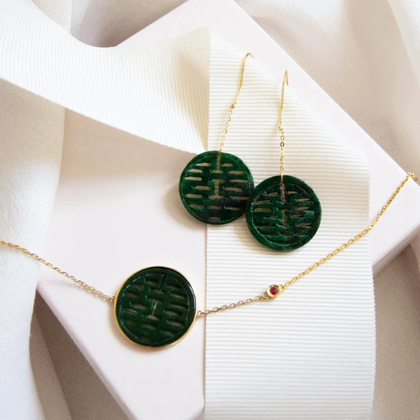 Double Happiness Jade 18k Gold Chain Earrings
