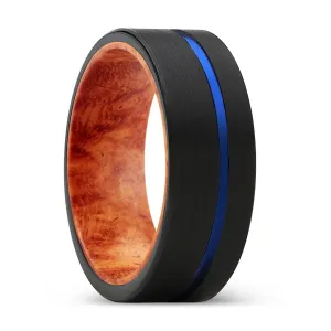 DYNASTY | Red Burl Wood, Black Tungsten Ring, Blue Offset Groove, Flat