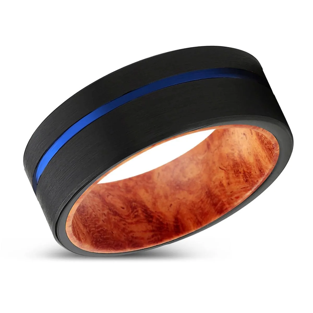DYNASTY | Red Burl Wood, Black Tungsten Ring, Blue Offset Groove, Flat